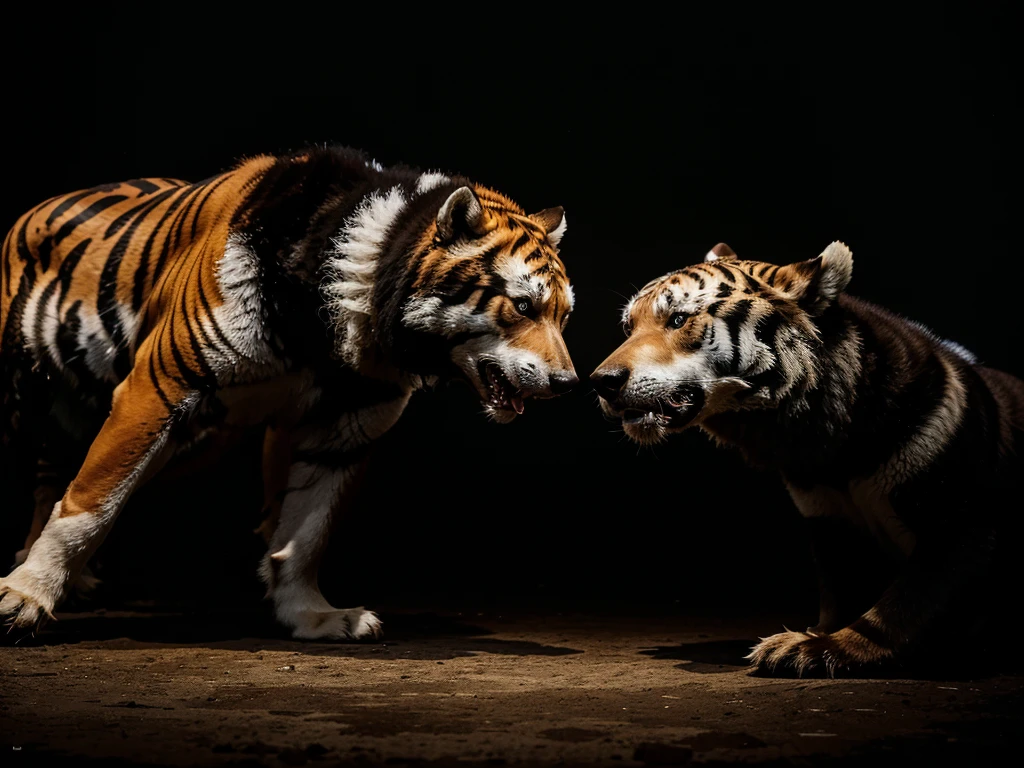  husky dog ​​in a predatory look is trying to escape from the cage on a black background
a fight between a bear and a tiger as if in a movie scene,8K,UHD,HDR