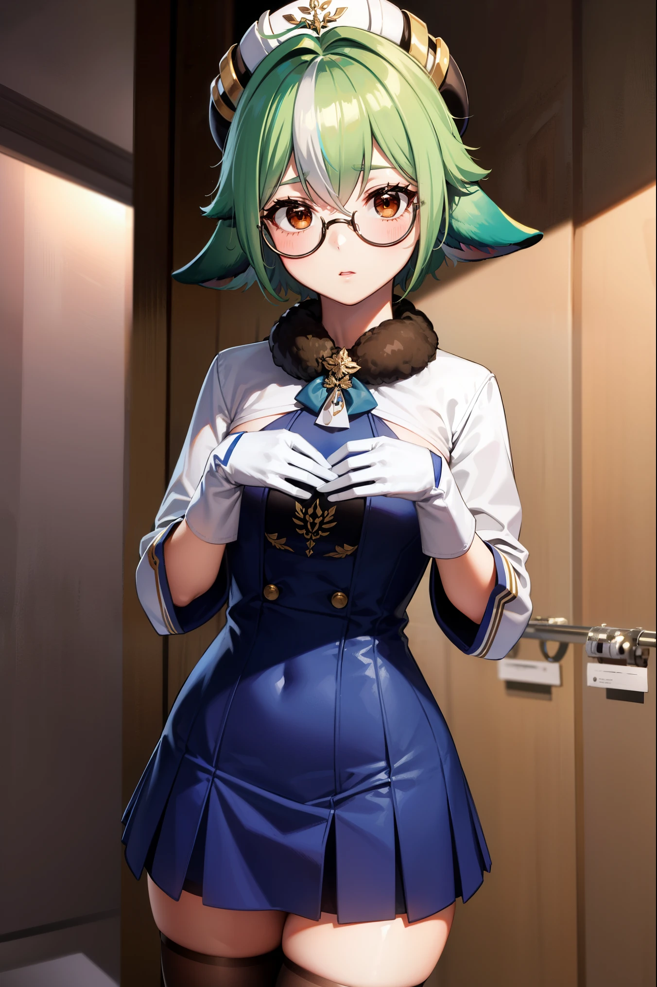 sucrose, sucrose, ahoge, animal ears, (brown eyes:1.5), glasses, gradient hair, hair between eyes, messy hair, multicolored hair, semi-rimless eyewear, short hair, green hair, embarrassed,
BREAK frills, fur collar, gem, gloves, green thighhighs, long sleeves, thighhighs, white headwear, zettai ryouiki, skirt, blue skirt,
BREAK indoors, laboratory,
BREAK looking at viewer, (cowboy shot:1.5),
BREAK (masterpiece:1.2), best quality, high resolution, unity 8k wallpaper, (illustration:0.8), (beautiful detailed eyes:1.6), extremely detailed face, perfect lighting, extremely detailed CG, (perfect hands, perfect anatomy),