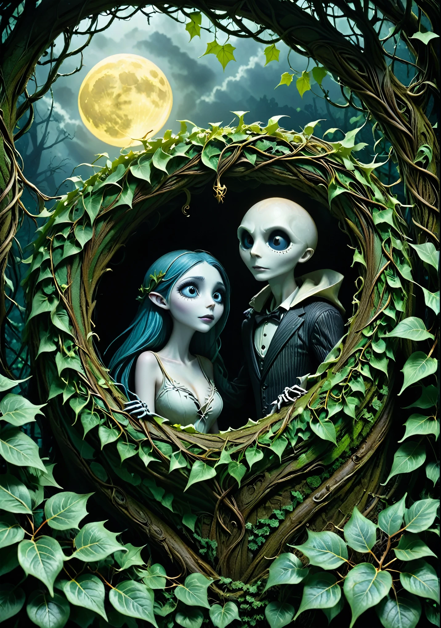 The Nightmare Before Christmas、A couple in a hole in an ivy leaf wrapped around a thick tree.、A small light shines in the hole.、in the forest、Yellow Moon Night、The moon is half hidden by clouds、Tim Burton Films、High color reproducibility、Attention to detail