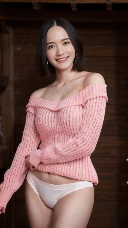 8K images, highest quality, masterpiece, Realistic, Realistic, High resolution, Ray Tracing, 1 sexy woman, Pink tight sweater with black off-shoulder, Shapely large breasts, Detailed skin texture, Shortcuts, Straight hair, (View your viewers)、Erotic smile、Protruding nipples、White panties、