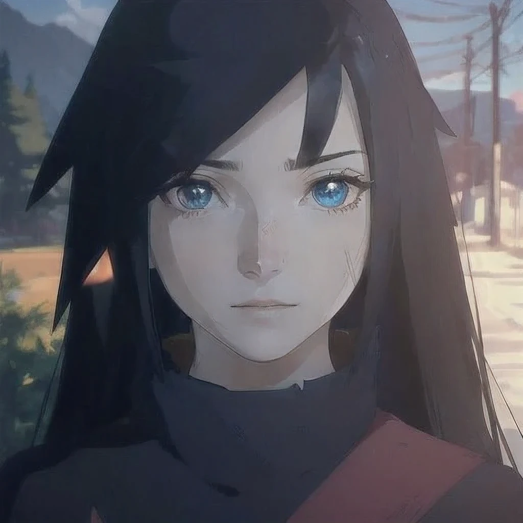 anime, a woman with long black hair and blue eyes stands in front of a mountain, itatchi uchiha, from naruto, made with anime painter studio, hinata hyuga, aenami alena, pin on anime, style of aenami alena, hinata hyuga from naruto, itachi uchiha, serene expression, anime girl of the future