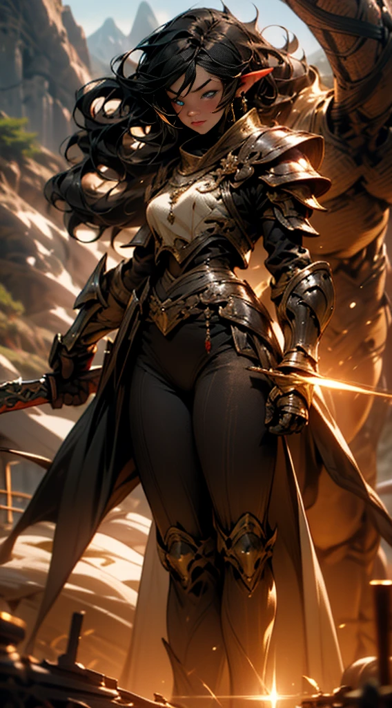 high quality, highly detailed,A young woman with long, curly black hair, with a determined gaze and a confident stance, wears armor inspired by the universe of Skyrim. Each piece of the armor, meticulously crafted, reflects the light as if forged by skilled artisans of Tamriel. Her eyes gleam with the promise of adventure as she wields a sword, ready to face the challenges that await beyond the horizons of Skyrim. Around her, a breathtaking landscape of mountains and forests, where dragons soar and ancient secrets await to be discovered. What is the journey of this young warrior? What epic destinies is she destined to achieve in this vast and magical world?