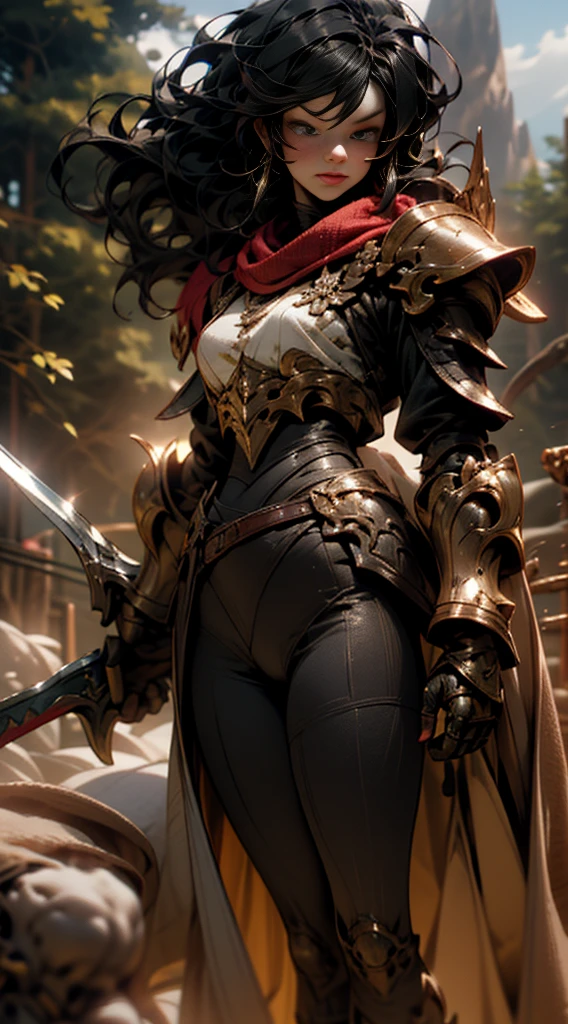 high quality, highly detailed,A young woman with long, curly black hair, with a determined gaze and a confident stance, wears armor inspired by the universe of Skyrim. Each piece of the armor, meticulously crafted, reflects the light as if forged by skilled artisans of Tamriel. Her eyes gleam with the promise of adventure as she wields a sword, ready to face the challenges that await beyond the horizons of Skyrim. Around her, a breathtaking landscape of mountains and forests, where dragons soar and ancient secrets await to be discovered. What is the journey of this young warrior? What epic destinies is she destined to achieve in this vast and magical world?