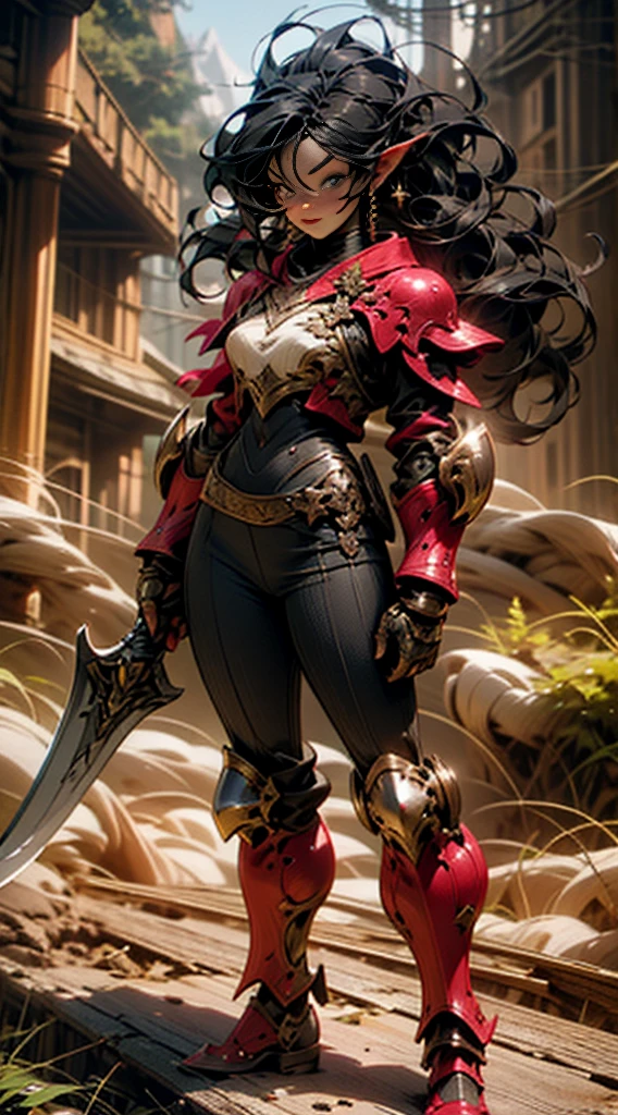 high quality, highly detailed,A young woman with long, curly black hair, with a determined gaze and a confident stance, wears armor inspired by the universe of Skyrim. Each piece of the armor, meticulously crafted, reflects the light as if forged by skilled artisans of Tamriel. Her eyes gleam with the promise of adventure as she wields a sword, ready to face the challenges that await beyond the horizons of Skyrim. Around her, a breathtaking landscape of mountains and forests, where dragons soar and ancient secrets await to be discovered. What is the journey of this young warrior? What epic destinies is she destined to achieve in this vast and magical world?