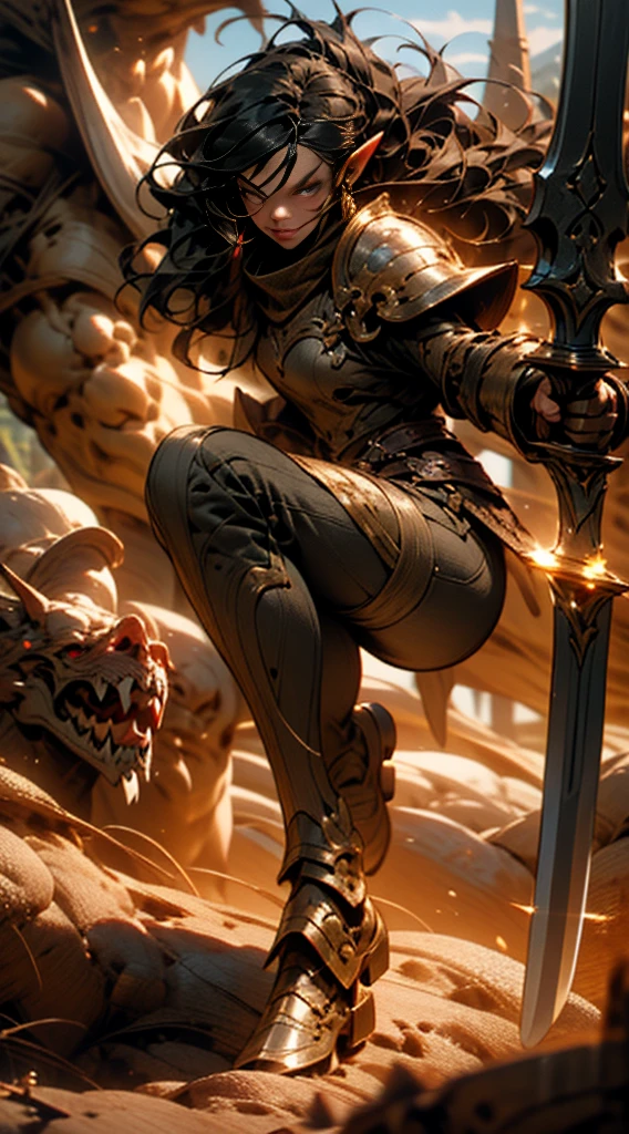 high quality, highly detailed,A young woman with long, curly black hair, with a determined gaze and a confident stance, wears armor inspired by the universe of Skyrim. Each piece of the armor, meticulously crafted, reflects the light as if forged by skilled artisans of Tamriel. Her eyes gleam with the promise of adventure as she wields a sword, ready to face the challenges that await beyond the horizons of Skyrim. Around her, a breathtaking landscape of mountains and forests, where dragons soar and ancient secrets await to be discovered. What is the journey of this young warrior? What epic destinies is she destined to achieve in this vast and magical world?
