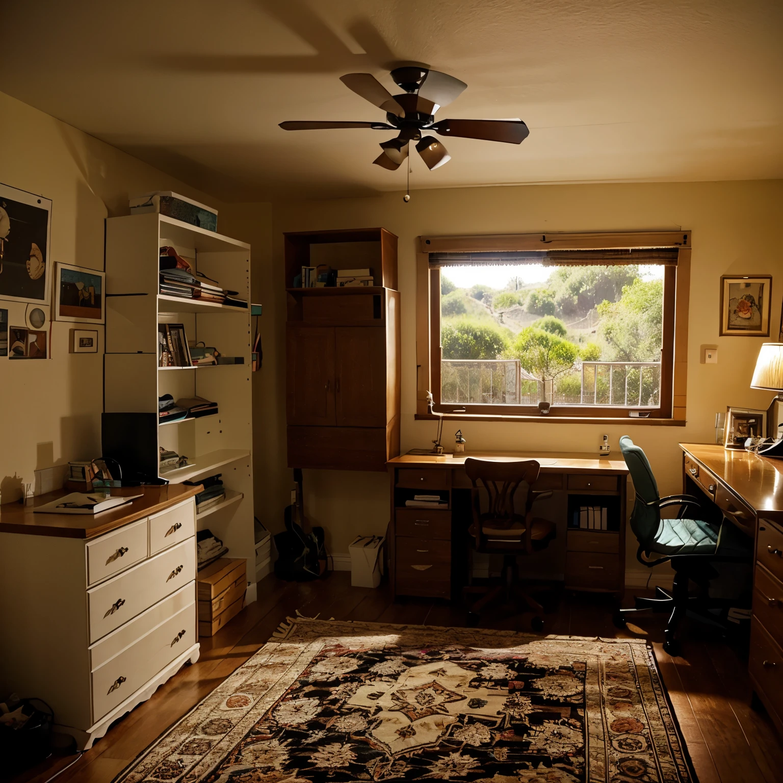 In my bedroom there is a bed next to a lamp and under the bed there is a rug. In front of the bed is my desk and a chair., To the left of the desk is my closet and to the right of the desk is. dos ventanas.