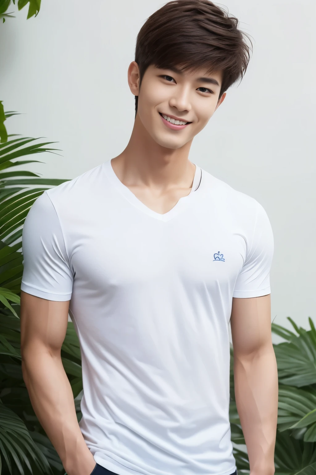 A handsome men ,20 age , Short Hair Hair, korea , thai student，((( Wear a white shirt.......))), front-view, smile ,Large pectoral muscles and wide shoulders............ athlete, glossy, Alone in the classroom., Table text and notes, head frame, Medium image, 8k resolution, high-detail, detailed hairstyle, detailed face, Octane Rendering, vibrant, Hyper-Realistic, Perfect limbs, perfect anatomy ,full entire body