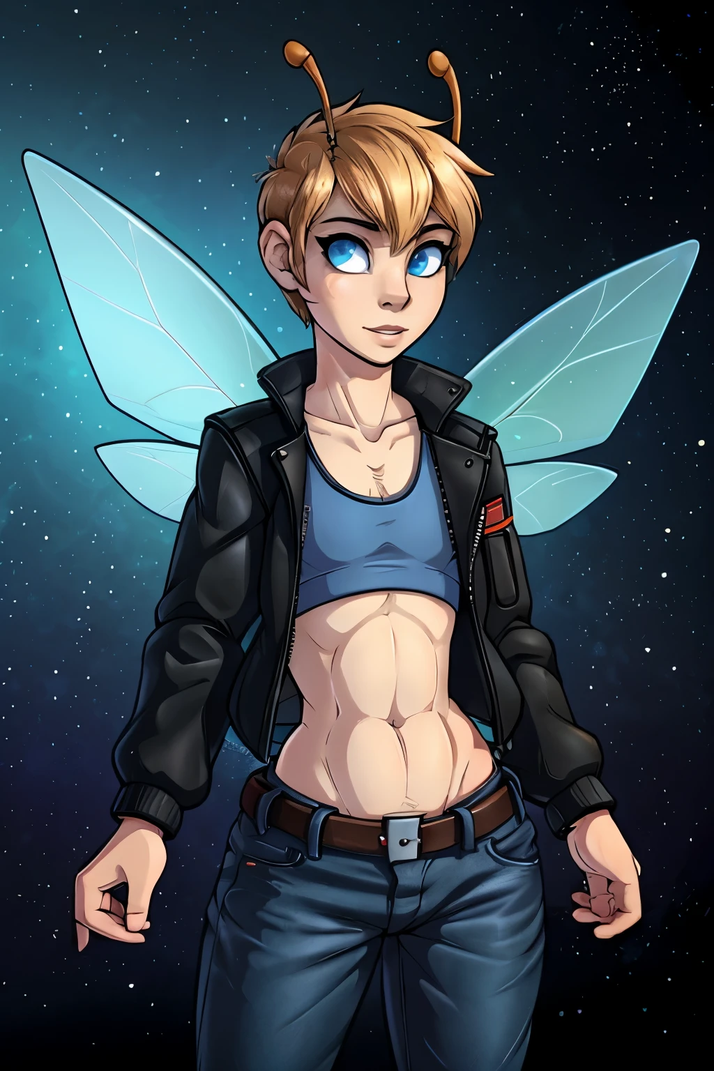 (Cute femboy Fairy), Tomboy, pretty face, human nose, space station background, thin body, slim, fit, insect antennas, dark blonde hair, tomboy pixie cut, blue eyes, flat chested, adjatha, utility belt, cropped jacket, black tanktop, jean pants, SFW, blue insect wings
