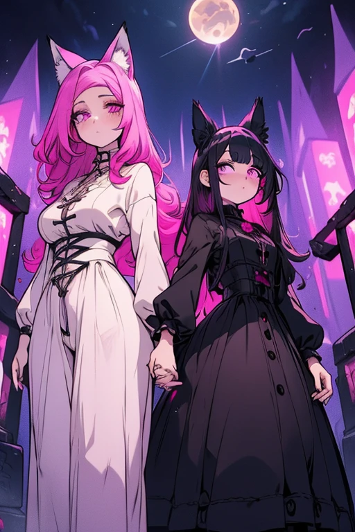 A pink haired woman with violet eyes with an hourglass figure in a Gothic ****ta dress is walking with a black haired woman with violet eyes and an hourglass figure with black fox ears and a black fox tail in a cemetery at night
Waiting to start 
