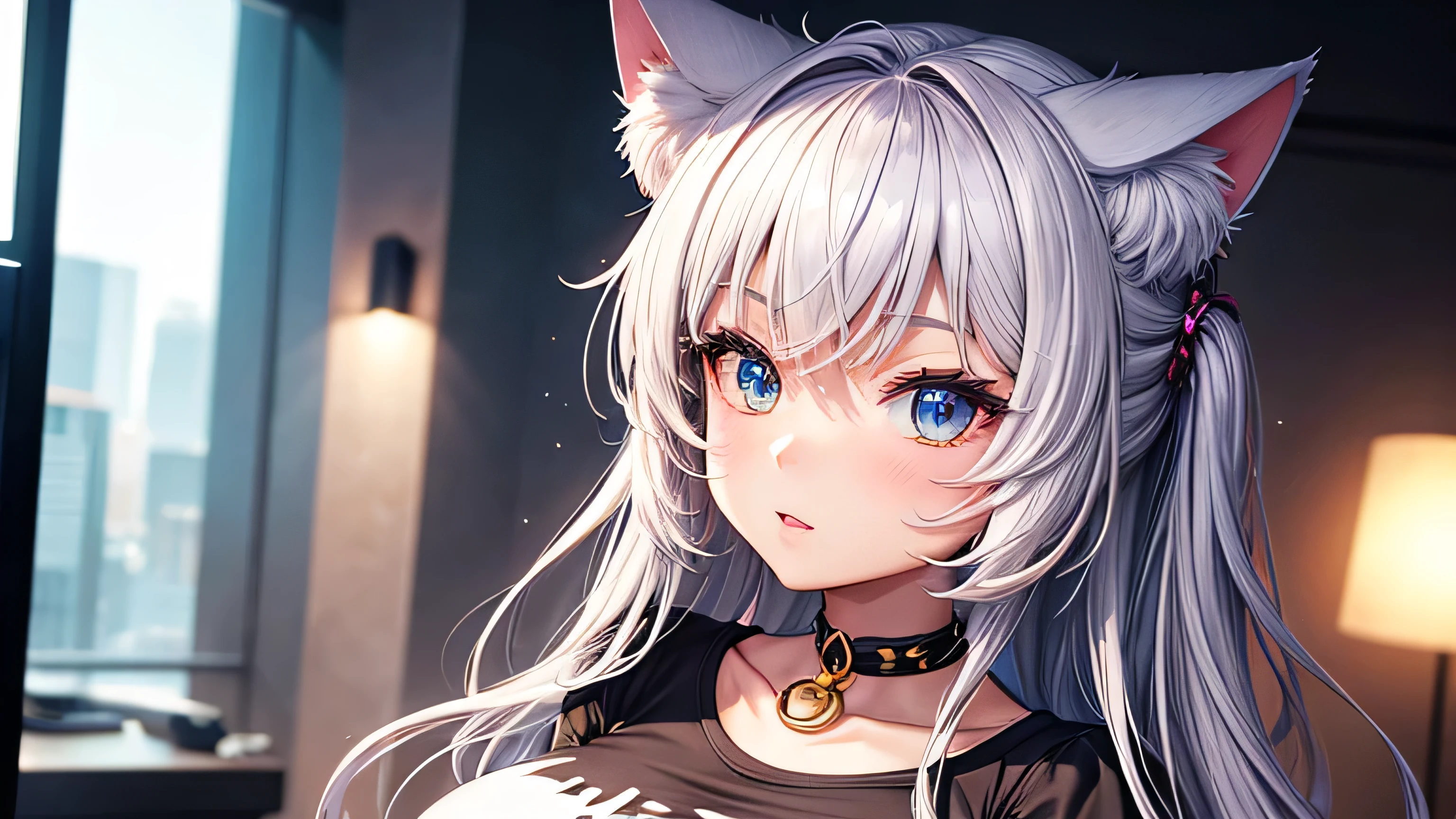 Cat Ear Girl　Big Breasts　Fantasy clothing　Depicted on the left side of the screen　Perfect and detailed facial expression　Perfect and detailed eye depiction　Perfect and detailed hair　Perfectly detailed upper body　Perfect and detailed depiction of the chest T-shirt
