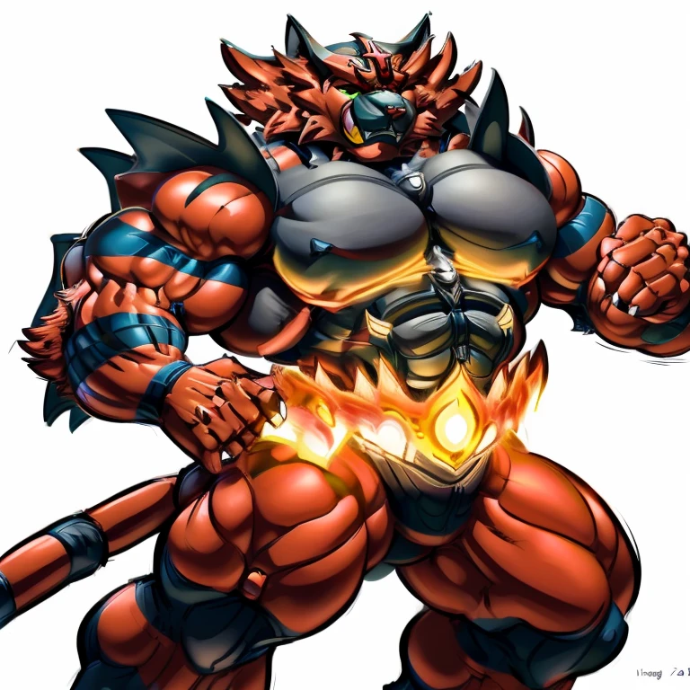 (masterpiece, best quality, detailed:1.2) detailed full body, (Pokémon), incineroar, 4k, high resolution, best quality, posted on e621, solo, male, adult, masculine, muscular, (white background, no background:1.1), (by wfa:1.0), (by negger:1.0), (detailed face, detailed eyes:1.1), (cel shaded:1.2), half body, fire belt, incineroar, big muscle (pecs, triceps, traps) unusually developed muscular body, body full of huge muscles. showing off muscles, pectorales enormes. Exaggeratedly huge muscles. Gigachad Muscular, NJfurry, Its full plate armor emphasizes the muscles. suit fully made of metal, have big wings.