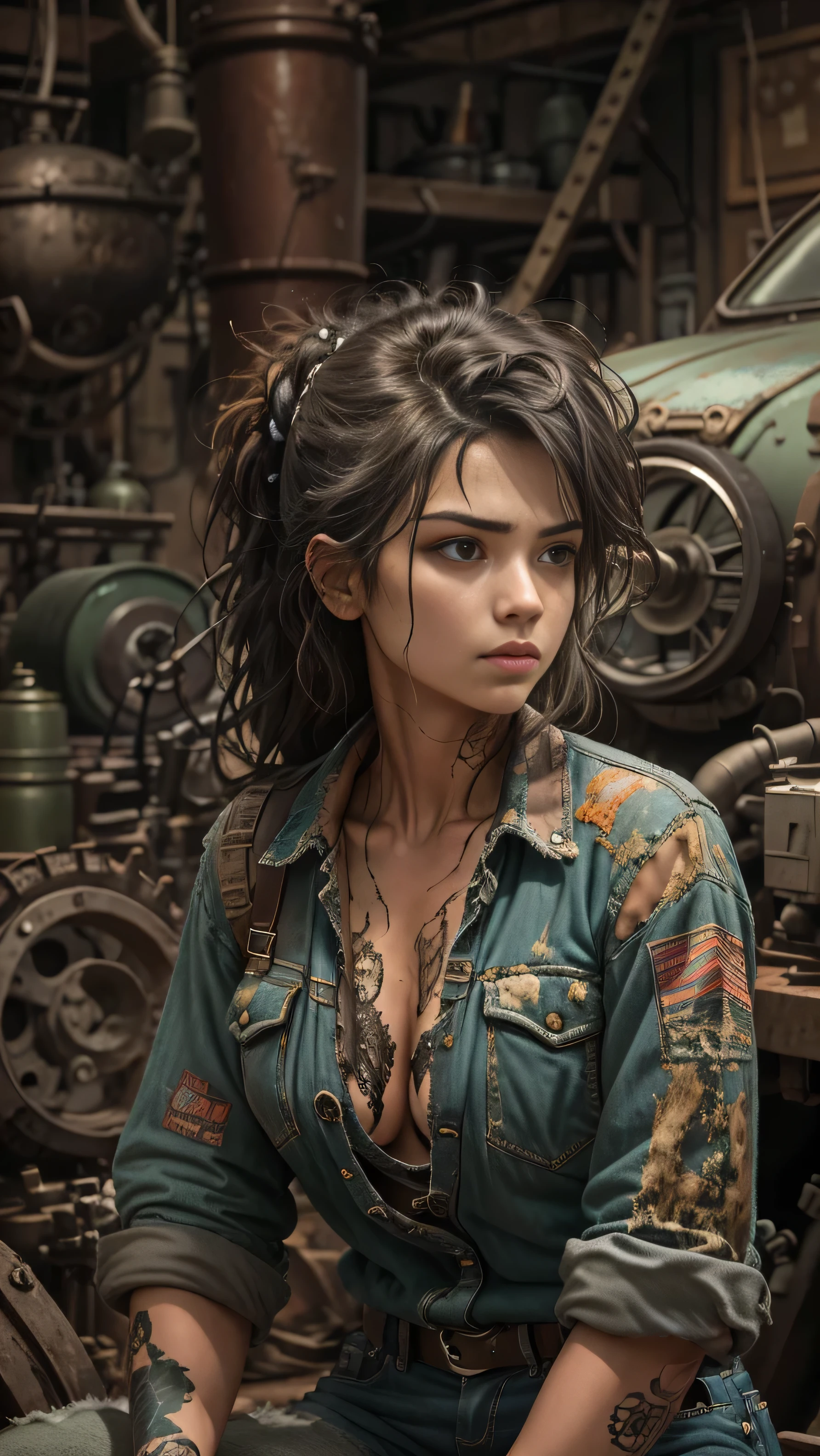 ((best quality)), ((masterpiece)), (detailed), mesmerizing and alluring female mechanic covered in grease, (Dirty and rugged charm:1.2), (tough and confident demeanor:1.1), (mechanical expertise:1.3), disheveled hair, smudged face with a playful smirk, stained overalls clinging to her curves, (gritty tools of the trade:1.2), cluttered repair shop, scattered car parts, (authentic automotive ambiance:1.2), (intense gaze:1.1), gripping a wrench in her dirty hands, 8k resolution,looking at another, looking away,( tattoo:1.2), masterpiece, best quality,