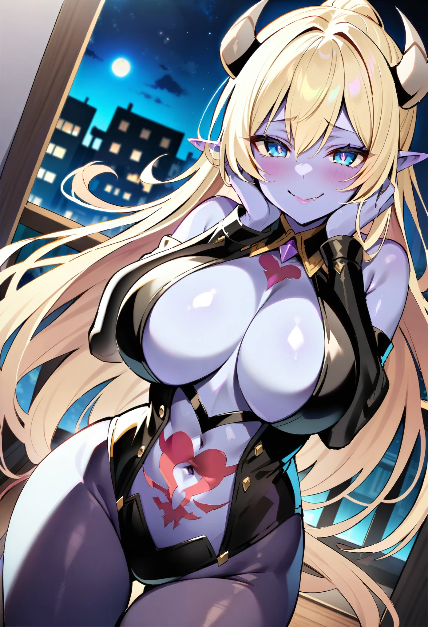 masterpiece, best quality, extremely detailed, 1girl, (milf, motherly:1.2), solo, (colored skin, purple skin:2), (\qin\), (huge breasts:1.32), ((((blonde hair), very long hair, blue eyes, pointy ears, demon horns))), red lips, (((black bunnysuit, center opening, navel, womb tattoo, black pantyhose))), ((@_@, yandere trance, evil smile), closed mouth), ((hands on own face, bedroom, balcony, night))