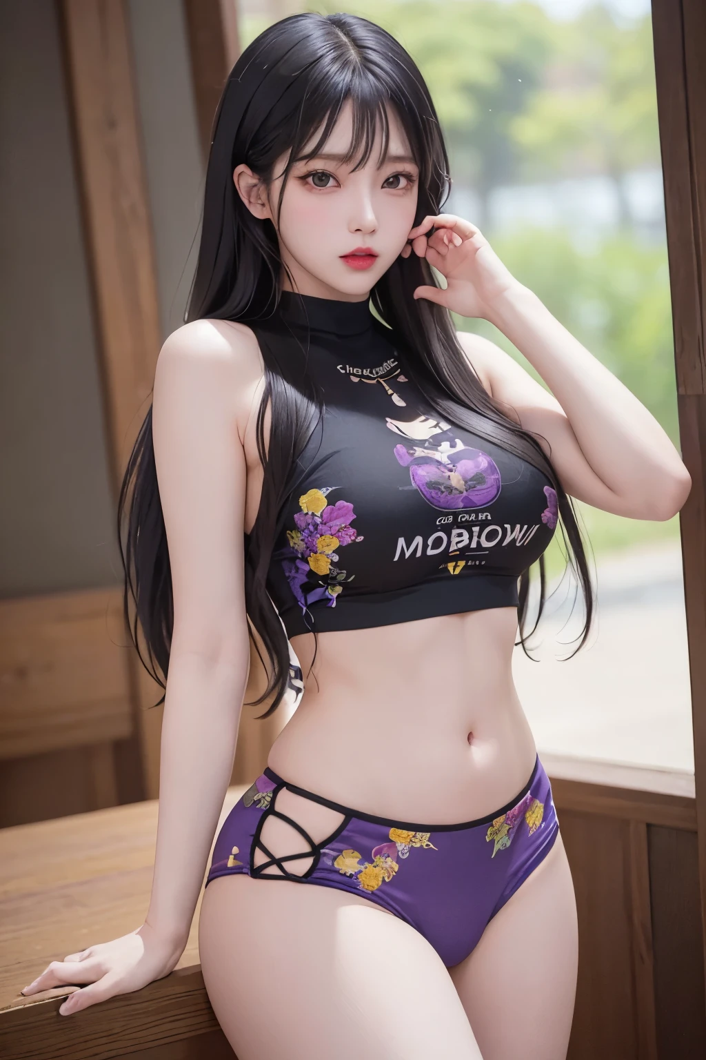 photorealistic, high resolution, 1 girl, white long hair, korean, beauty eyes, print sexy shirt, print sexy skimpy tight black boxer, thick thighs,crop top sexy, big breasts, see-though, yellow, red, blue, pink, purple, violet,