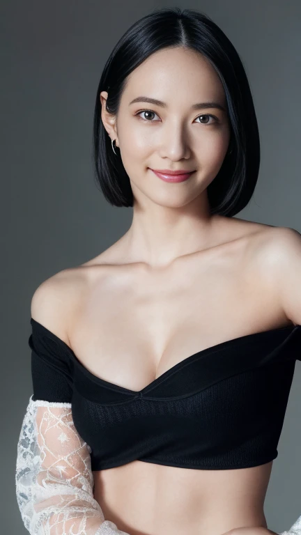 8K images, highest quality, masterpiece, Realistic, Realistic, High resolution, Ray Tracing, 1 sexy woman, Black off-shoulder blue tight mini sweater, Shapely large breasts, Detailed skin texture, Shortcuts, Straight hair, (View your viewers)、Erotic smile、Protruding nipples、White lace panties、