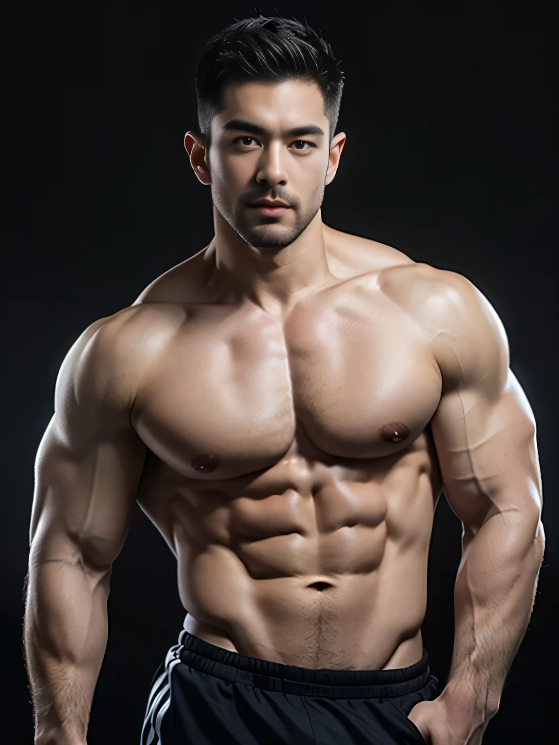 (8k, original photo, best quality，Half body photo) ,, ((( 35-year-old muscular men)))，standing，shirtless,Shirtless bearded muscular man，Delicate skin，Precise skin details
，a Asian muscular bodybuilding champion with beard and stubble,(((no chest hair)))，(((Pure black background)))，handsome man,Real human skin is smooth and delicate，delicate skin，Large nipples，Eyes and eyelashes are very detailed, muscular man, Manliness, male,, sportswear, Expose chest muscles, male love model, muscular, digital SLR, Super quality, XT3, crystal clear, 8k ultra high definition, high detail, Super real photos, (Realistic skin), ((pores)), ((high detail skin)), Volumetric light, groin, far, Complex 3D visualization, high detail,Real human skin ((Correct body structure)), (((correct anatomy))),(((Forced noise reduction)))