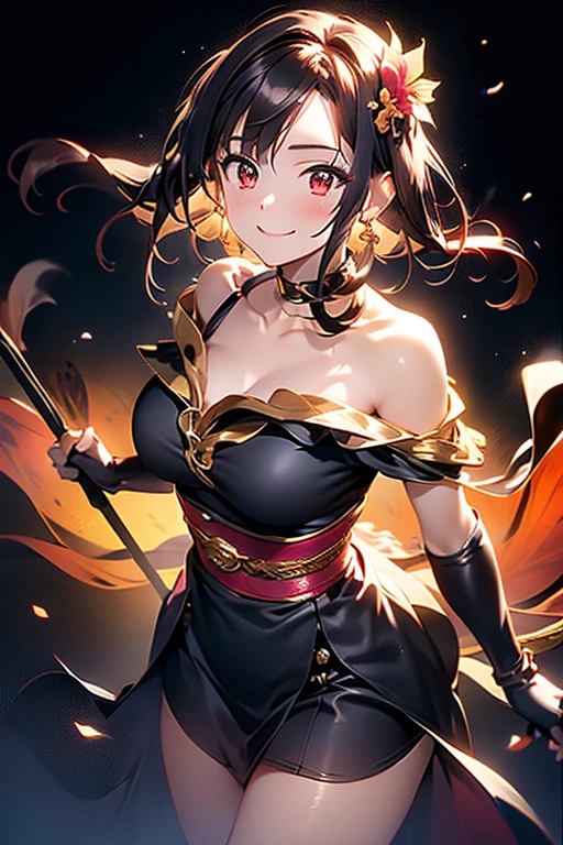 yor briar, anime style beutiful woman, 1girl,fullbody, happy, smile, red face, closed mouth, beautiful detailed eyes, super detailed skin, backlighting, bare shoulders, black background, black dress, black gloves, black hair, breasts, dress, earrings, fingerless gloves, floating hair, floral print, flower, gloves, gold earrings, gold hairband, hair flower, hair ornament, hairband, holding, holding weapon, jewelry, large breasts, long hair, looking at viewer, off-shoulder dress, off shoulder,red eyes, short hair with long locks, sidelocks, solo, spikes, thighs, two-sided dress, two-sided fabric, weapon, fighting stance , face, close up, from above, highest quality, high resolution.