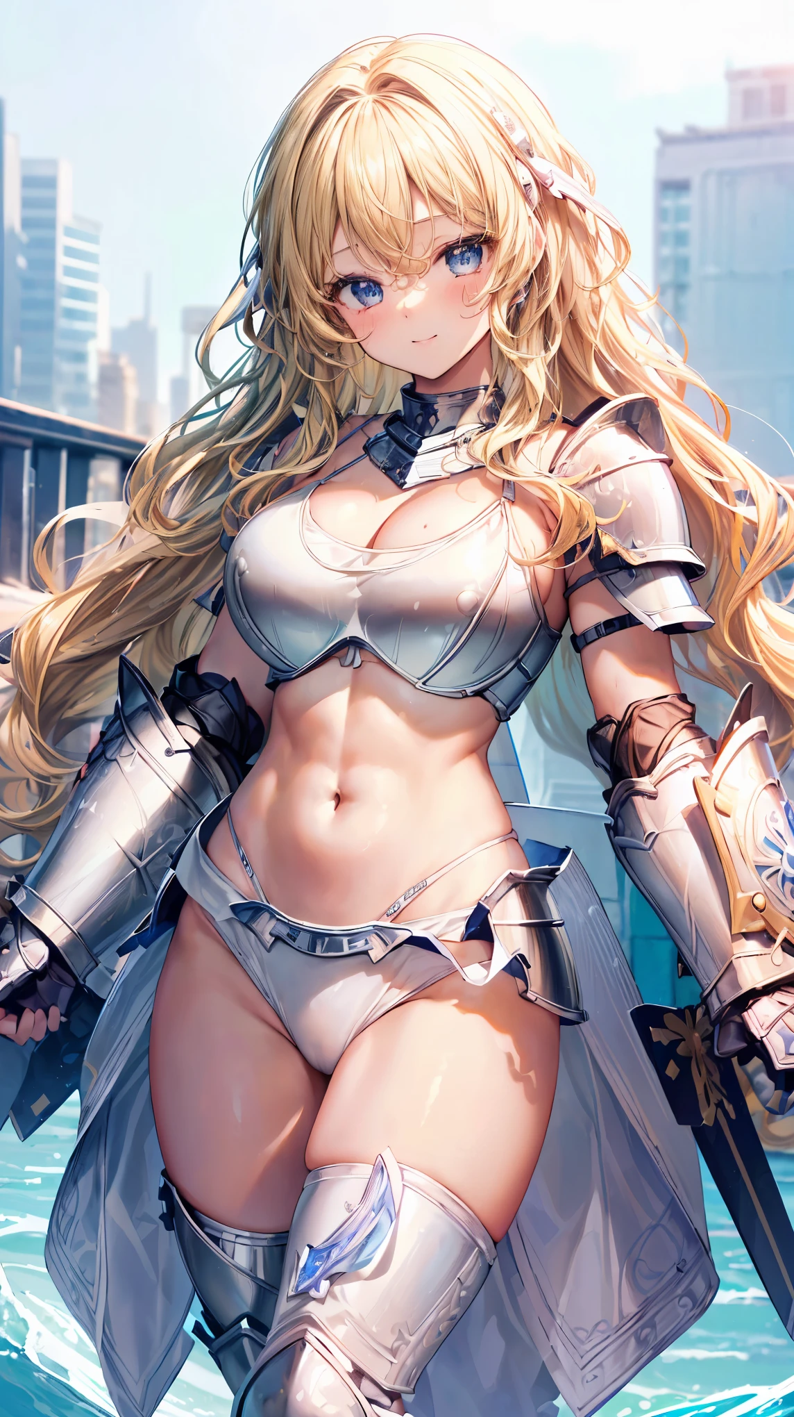 Very detailed、highest quality、Best image quality、masterpiece、8k、Anime Face、A kind smile、Open your mouth、Sparkling blue eyes、(Blonde wavy hair:1.5)、、Muscles of the whole body、camisole、Thigh belt、mini skirt、(Wearing white bikini armor:1.5)、(Cowboy Shot:1.5)、(Leg armor:1.5)、Armor