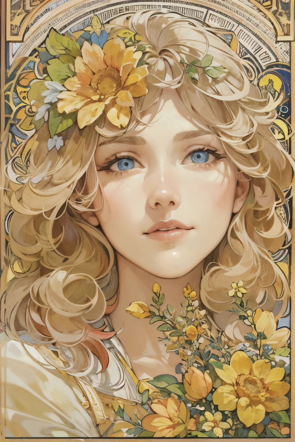 European female face portrait , Long curly hair, blond, Flower frame, Decorative panels, Abstract Art, author:Alphonse Mucha
(masterpiece, best quality, high resolution:1.4), detailed, Intricate details, 4K, Color Splash, Line art, Fibonacci,