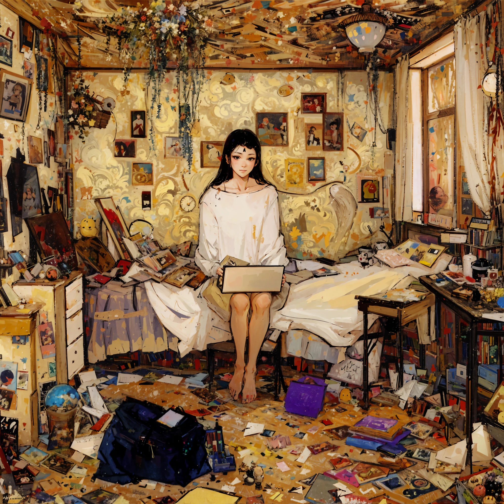 painting of a woman sitting on a bed in a Messy room, Dennis Salazin, Deep dreams, Botticelli and Victor I, In the room, its a Deep dreams, Messy room, In her room, James Jean Andrey Ryabovitchev, In a small room, Xiaomi, Hovsep Pushman