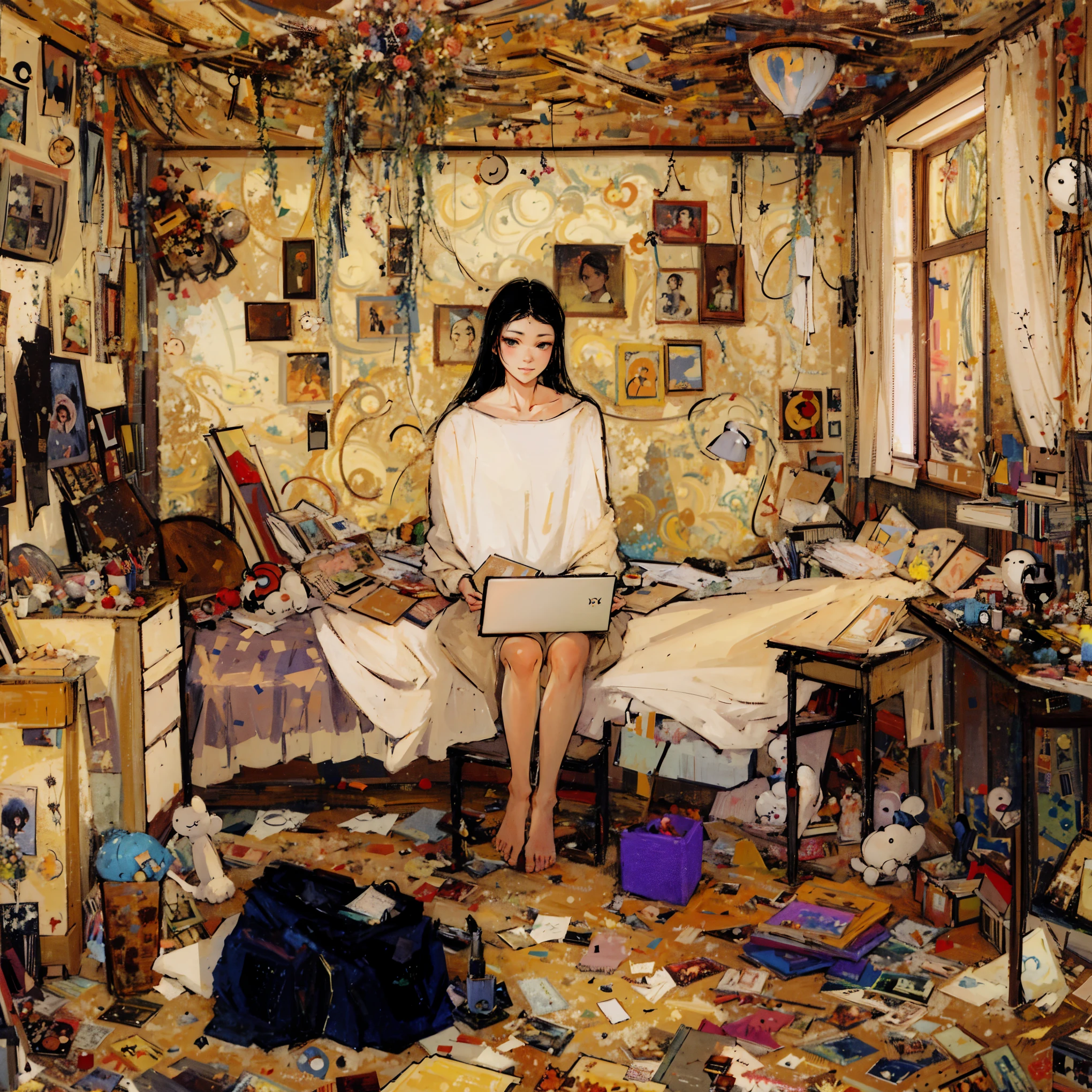 painting of a woman sitting on a bed with a laptop, in an attic, surrounded by glittering gold, ornamental sam guay, in her room, inspired by Mikhail Nesterov, ( asaf hanuka ), in small room, gustav klimt style, botticelli and victo ngai, inspired by Hovsep Pushman, denis sarazhin, in my bedroom