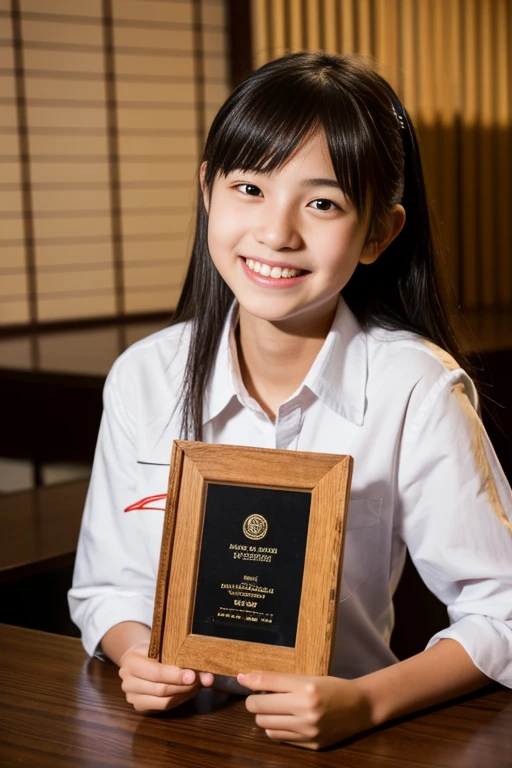 Tabletop, highest quality, 8k, 15-year-old student, Japanese、Teen, RAW Photos, Award-winning portrait, Laughter, alone, night, Idol&#39;s face, Violet, Gardenias, Delicate girl, Upper Body, Digital SLR, View your viewers, Frank, Sophisticated, Zola々right, Thin arms, Professional Lighting, Film Grain, chromatic aberration, (Eyes and facial details:1.0),　Black-haired、drooping eyes、日本のhigh school girl、(Cute face:1.2),　Dark brown eyes、Glowing Eyes、Beauty、Charm、Whole Body Ezbian、(White shirt、Sailor 、Navy blue pleated skirt:1.5), high school girl、
