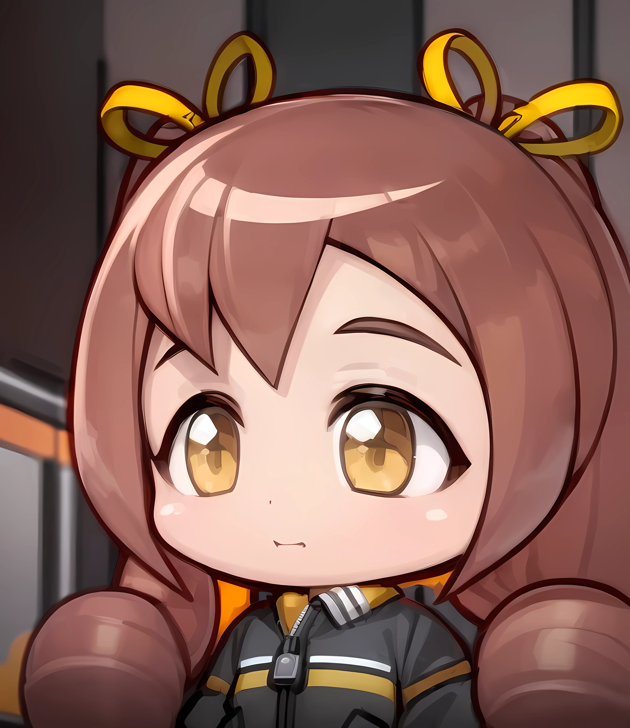 (masterpiece:1.2), realistic, (photorealistic), extremely detailed 8k wallpaper, best quality, ultrahigh resolution, brown hair, twintails, yellow hair ribbons, brown eyes, 15 years old, 1 girl, black tracksuit, curly hair, japanese girl