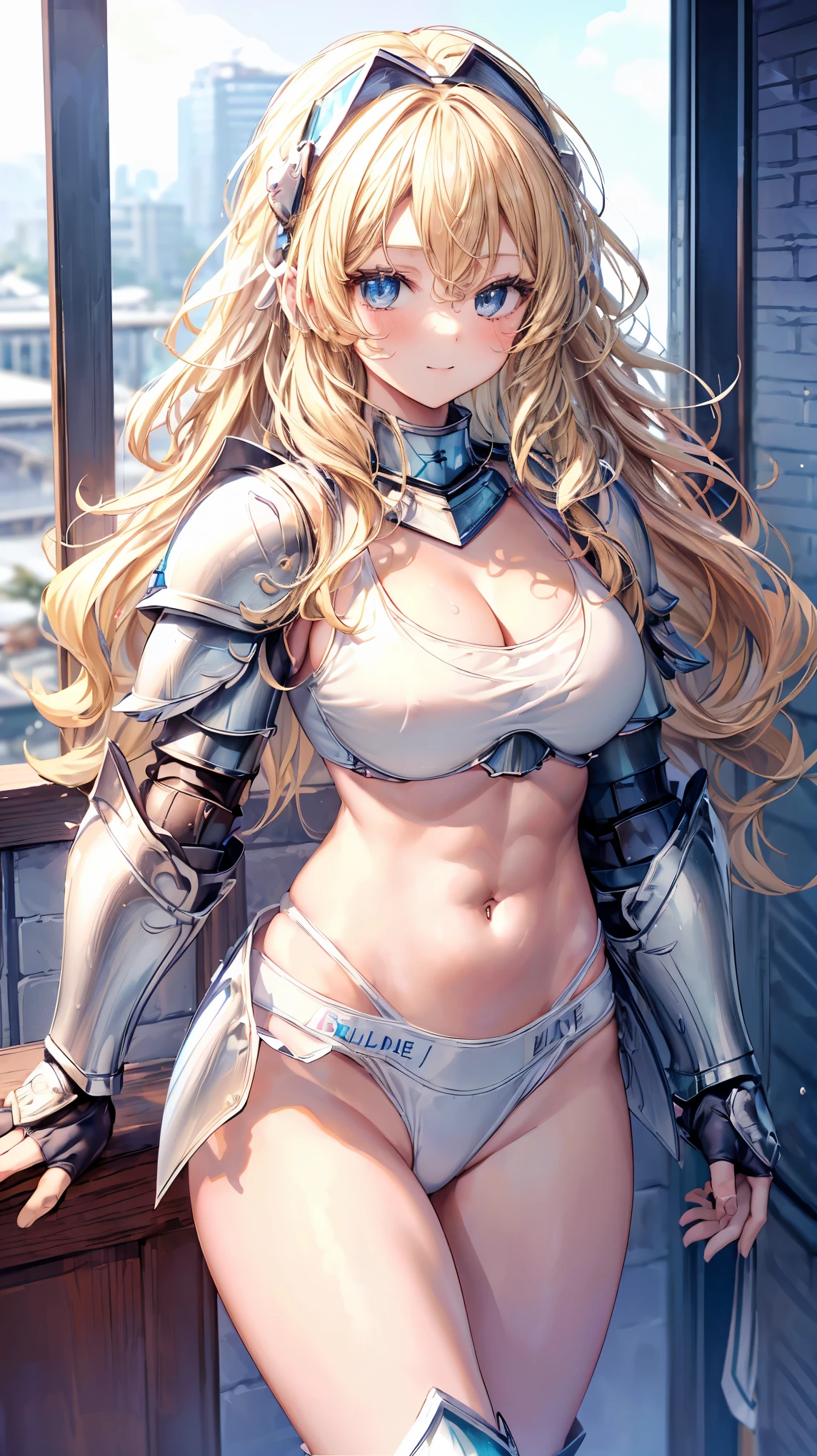 Very detailed、highest quality、Best image quality、masterpiece、8k、Anime Face、A kind smile、Open your mouth、Sparkling blue eyes、(Blonde wavy hair:1.5)、、Muscles of the whole body、camisole、Thigh belt、mini skirt、(Wearing white bikini armor:1.5)、(Cowboy Shot:1.5)、(Leg armor:1.5)、Armor