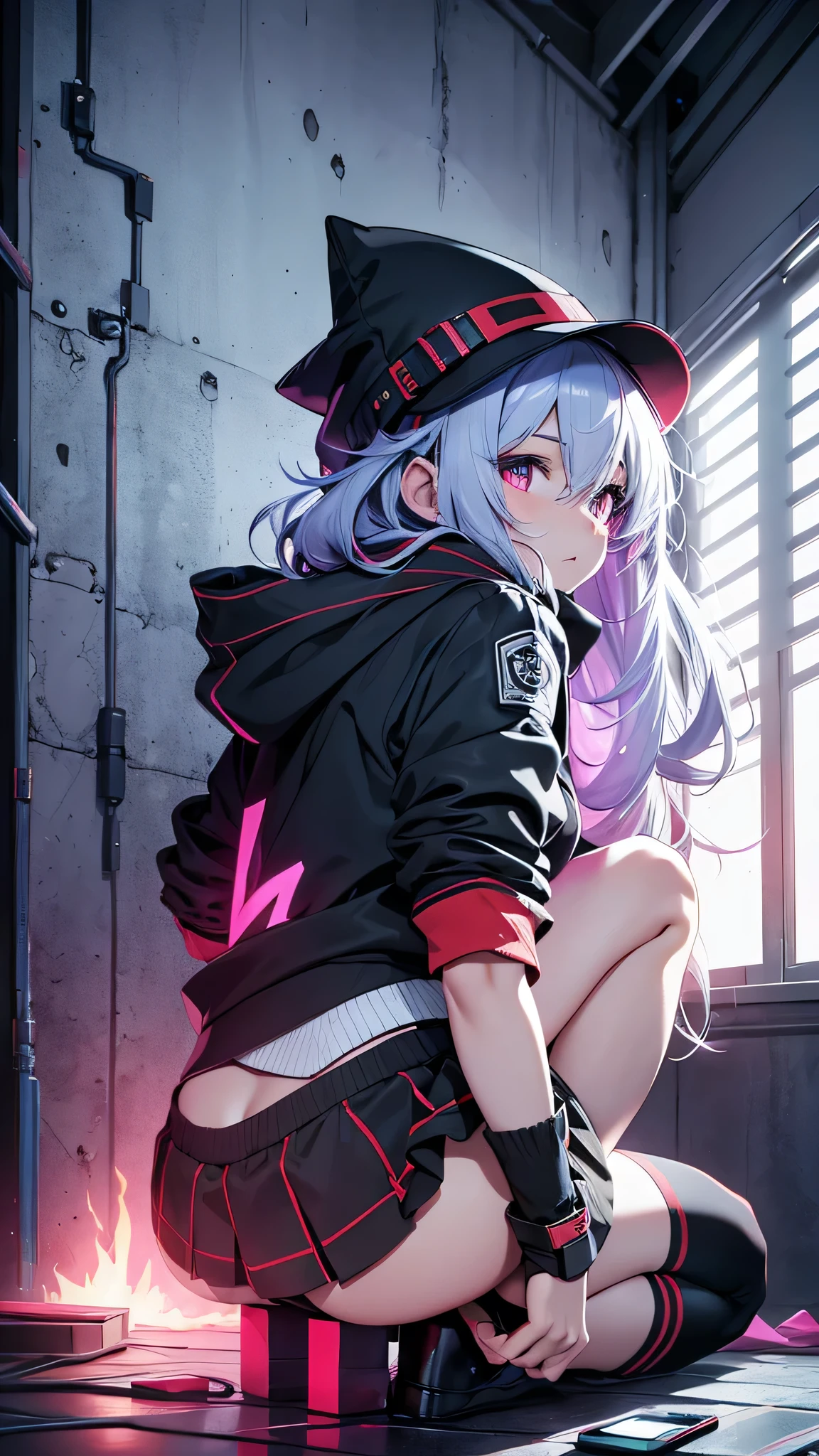 最high quality、Best image quality、masterpiece、girl((24-years-old、 By becoming、Best Bust、Medium Bust,Wide open breast tea、Red glowing eyes,Silver Hair、Disheveled Hair、Long Hair、thin,The highest valley、Open chest、Luminous Wristbands、hat、hair ornaments、luminous necklace、Black sleeveless hoodie(1:2)、Blue short skirt、Disheveled clothing、Show the whole body,Low - Angle、Hacker-like、sweating、lure、Black cute mask、Leaning against a wall、Black scarf、Have a smartphone、Back view、Accentuate your butt、On all fours)),high quality、Beautiful art、background((Neon Light、Neon interior at night))、Flight、Flying debris、Written boundary depth、movie、Visual Arts、Perfect art、8K,Genuine,