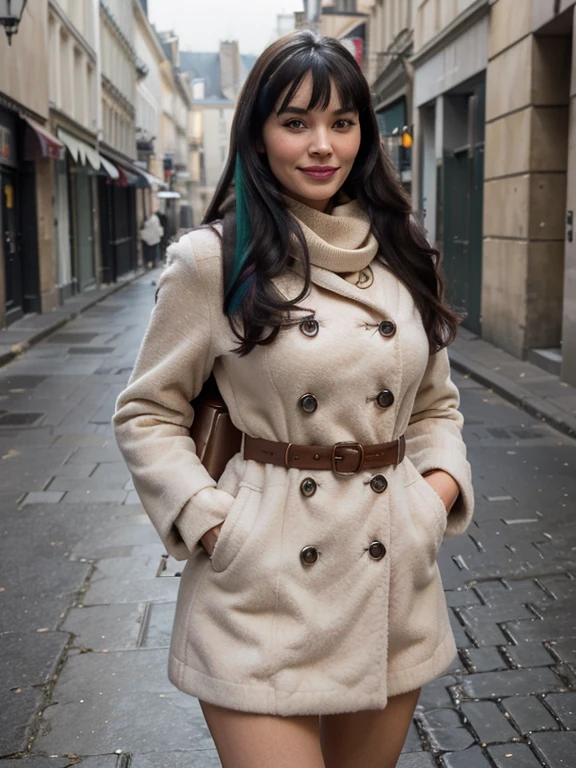 proFessional portrait photograph oF a gorgeous Smiling Bettie page  girl in winter clothing with long wavy Black hair, sultry Flirty look, gorgeous symmetrical Face, joli maquillage naturel, wearing elegant warm winter Fashion clothing, ((debout dehors dans une rue enneigée de la ville)), superbe environnement urbain moderne, ultra realistic, art conceptuel, elegant, Very detailed, complexe, sharp Focus, depth oF Field, F/1. 8, 85mm, Coup moyen, midplane, (((proFessionally color graded))), bright soFt diFFused light, (volumetric Fog), tendance sur Instagram, hdr 4k, 8K