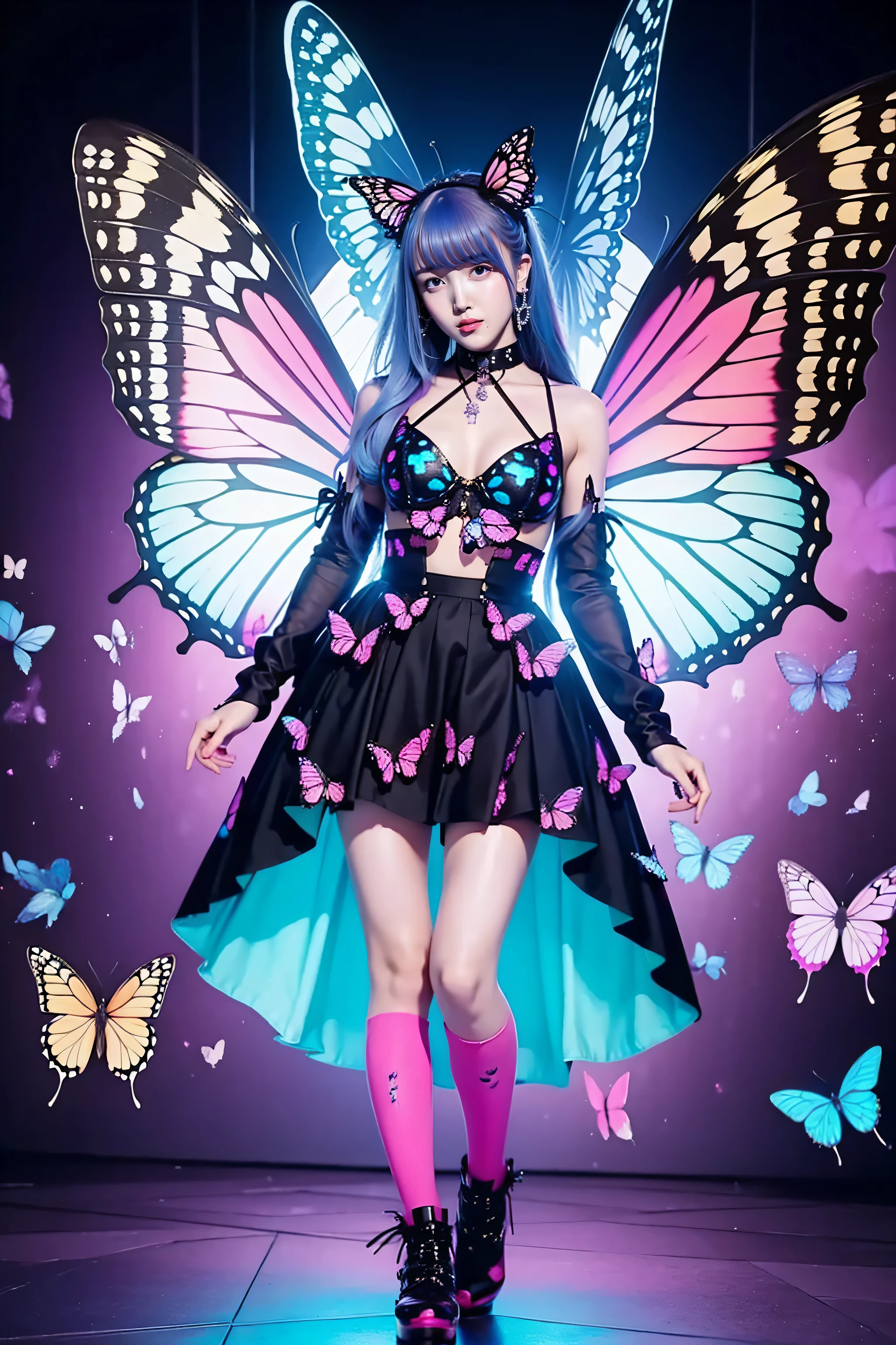 Female idol covered in butterflies、Whole Body Ezbian、、Cyberpunk fashion filled with butterflies（fluorescent pink and blue）、Illuminate、Colorful Hair