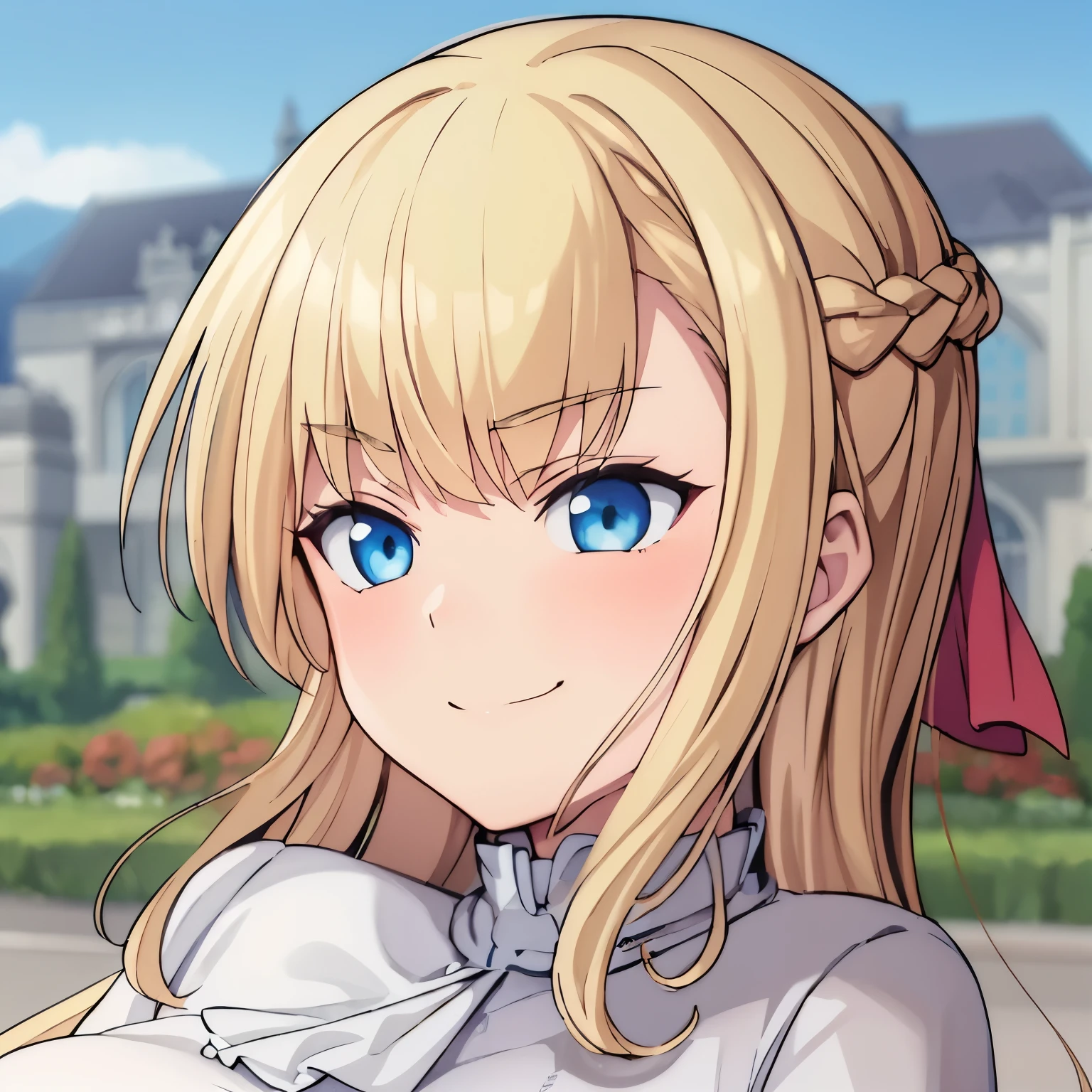 high quality, masterpiece. Blue eyes. Blonde hair. braid. tricky glance. evil smile. haughty face. White sweater. Dark outlines. with a large palace in the background. Sun. sky.  road tiles. 
