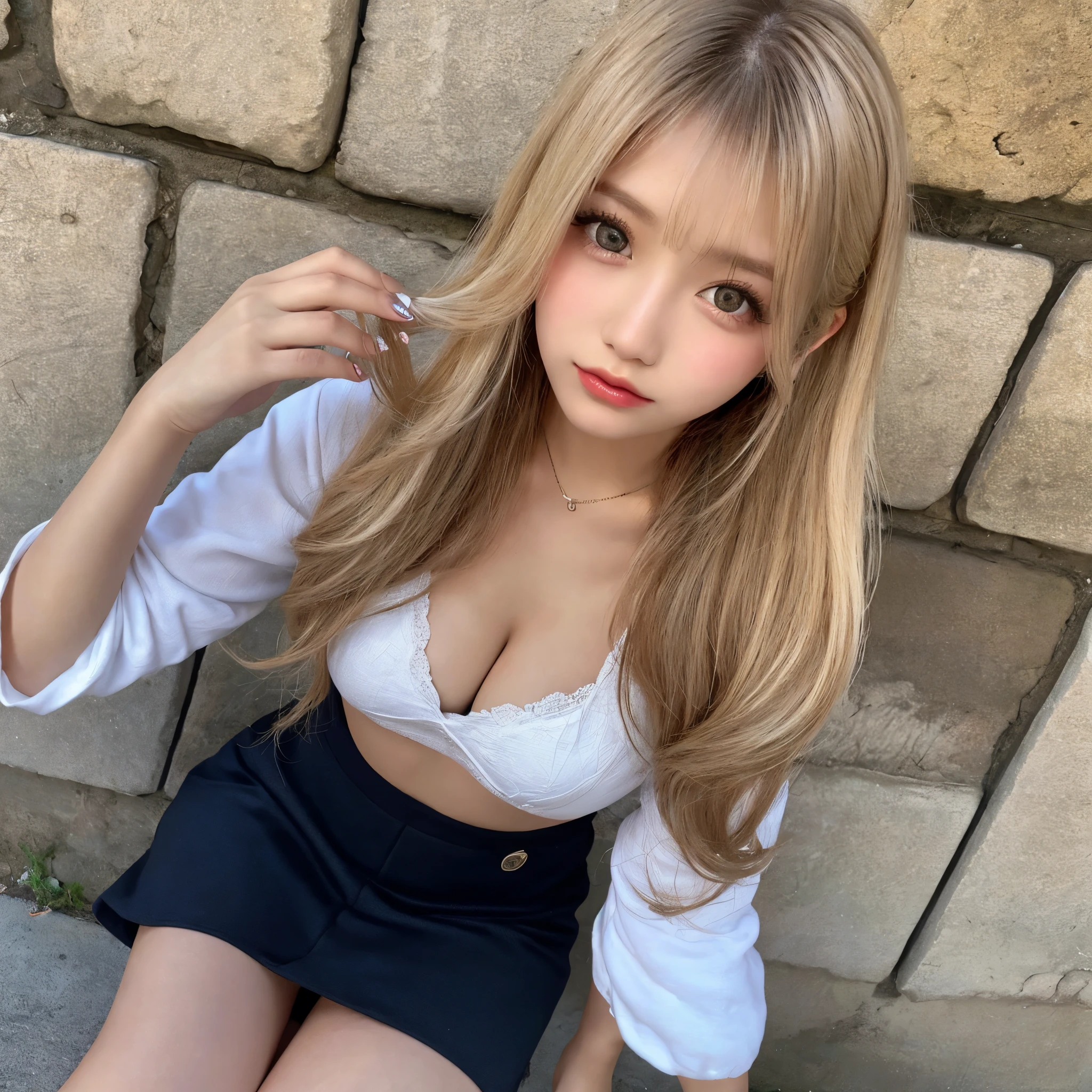 ( Masterpiece, highest quality), 98k, ((Perfect Anatomy:1.3)),Beautiful Japanese Women, Succubus,alone, 18-year-old, Small face,Cute face:1.2,Smiling, Larger breasts, ,Beautifully detailed round eyes, Evenly spaced eyes 1.2, Long platinum blonde hair,Random Hair, (Highly detailed face and skin texture), Beautiful face in golden proportions,White skin,Accentuate your beautiful legs,(Revealing student uniforms:1.2),Random sexy poses, Sunny day,(Standing like a model:1.3)