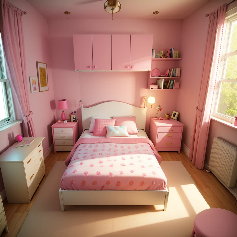 pink bedroom a bed next to a lamp. In front of the bed is my desk and a chair., To the left of the desk is my closet and to the right of the desk are two windows..