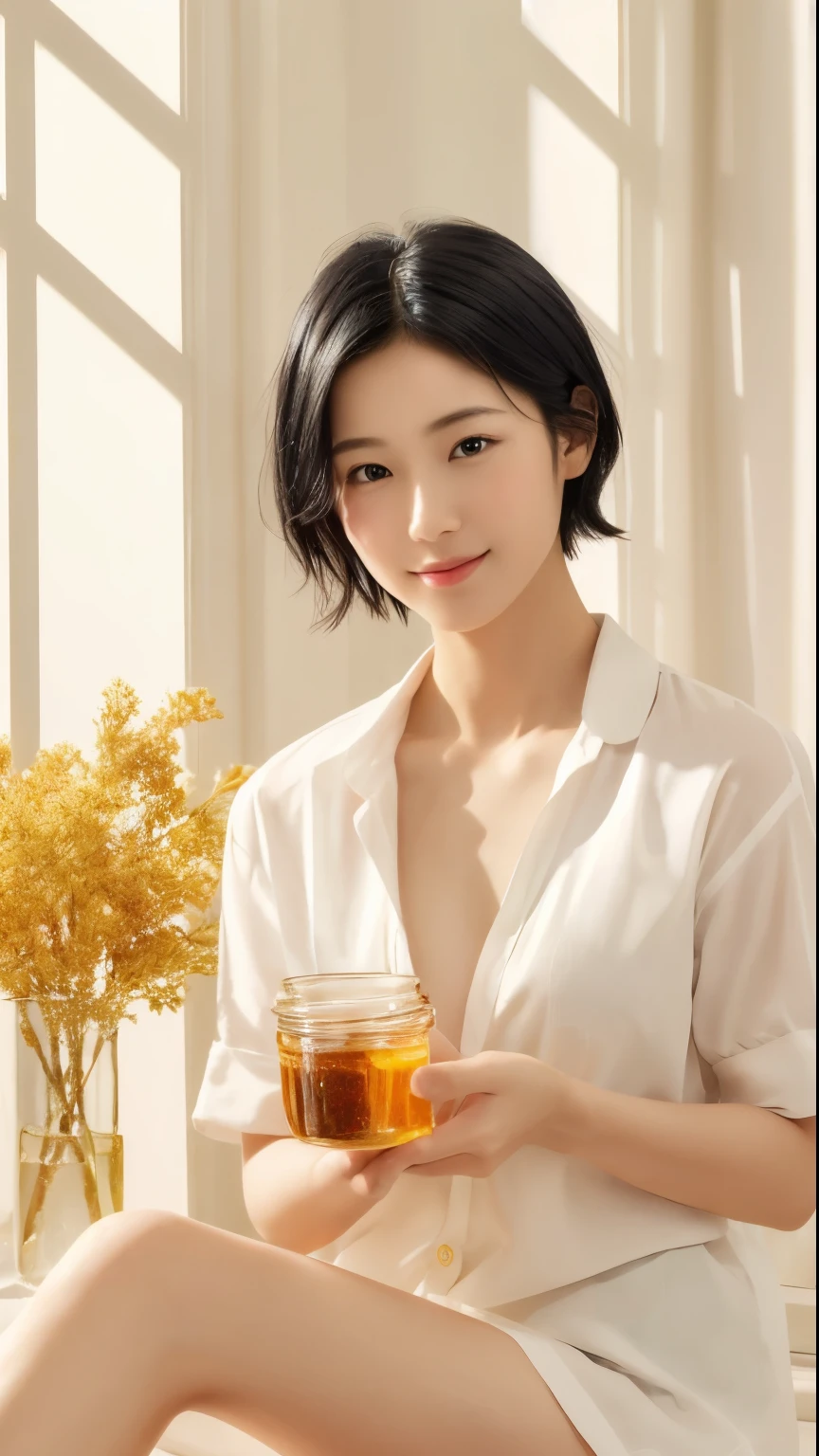 (masterpiece:1.3), (8k, Realistic, RAW Photos, highest quality: 1.4), Vietnamese, (One girl), Beautiful Face, (Realistic Face), (Black Hair, short hair:1.3), Beautiful hairstyle, Realistic eyes, Beautiful fine details, (Realistic Skin), Beautiful Skin, Charm, Ultra-high resolution, Ultra-realistic, Very detailed, Golden Ratio, (Detailed face:1.2),View your viewers, smile, Open white shirt, Medium chest, Sitting, holding honey in hand,hand over