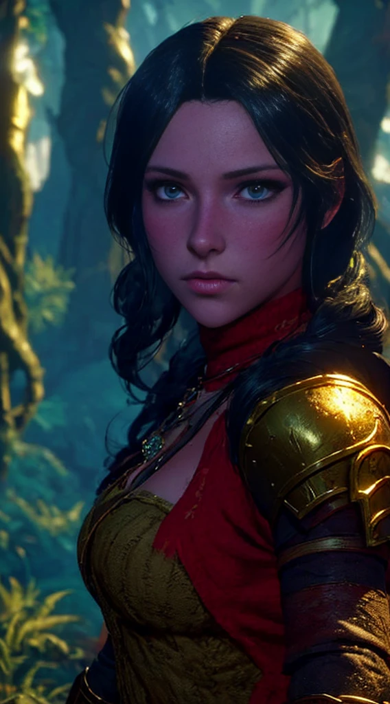 high quality, highly detailed,A young woman with long, curly black hair, with a determined gaze and a confident stance, wears armor inspired by the universe of Skyrim. Each piece of the armor, meticulously crafted, reflects the light as if forged by skilled artisans of Tamriel. Her eyes gleam with the promise of adventure as she wields a sword, ready to face the challenges that await beyond the horizons of Skyrim. Around her, a breathtaking landscape of mountains and forests, where dragons soar and ancient secrets await to be discovered. What is the journey of this young warrior? What epic destinies is she destined to achieve in this vast and magical world?