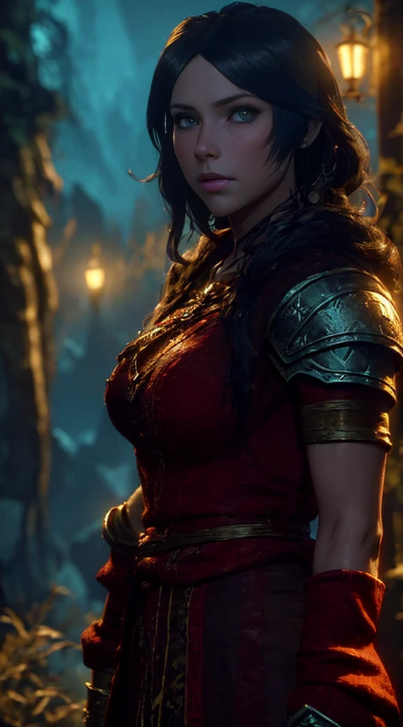 high quality, highly detailed,A young woman with long, curly black hair, with a determined gaze and a confident stance, wears armor inspired by the universe of Skyrim. Each piece of the armor, meticulously crafted, reflects the light as if forged by skilled artisans of Tamriel. Her eyes gleam with the promise of adventure as she wields a sword, ready to face the challenges that await beyond the horizons of Skyrim. Around her, a breathtaking landscape of mountains and forests, where dragons soar and ancient secrets await to be discovered. What is the journey of this young warrior? What epic destinies is she destined to achieve in this vast and magical world?