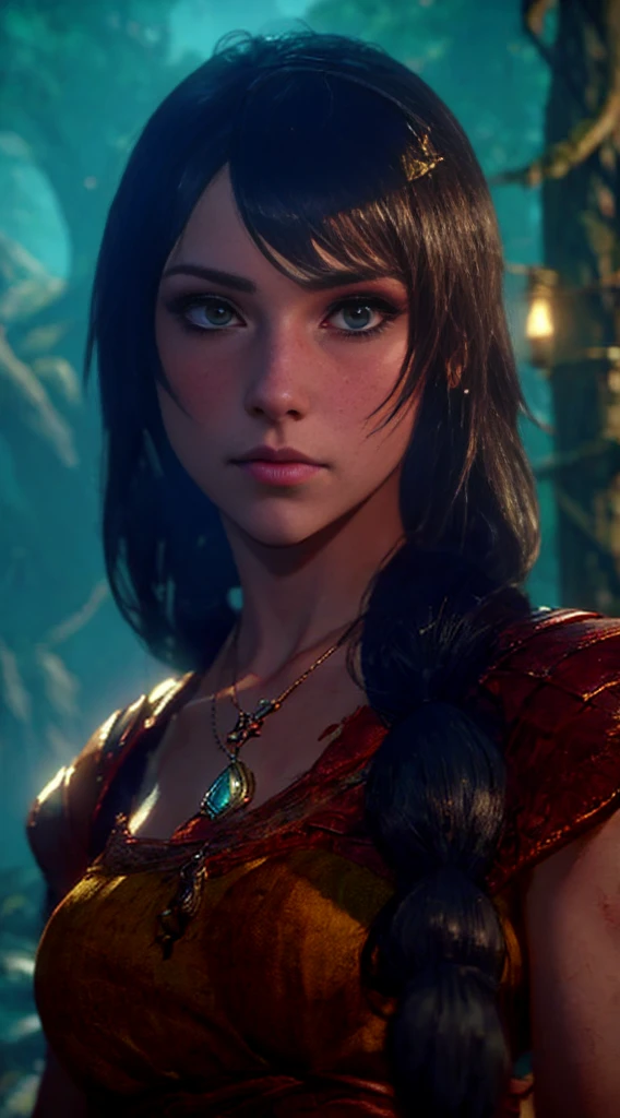 high quality, highly detailed,A young woman with long, curly black hair, with a determined gaze and a confident stance, wears armor inspired by the universe of Skyrim. Each piece of the armor, meticulously crafted, reflects the light as if forged by skilled artisans of Tamriel. Her eyes gleam with the promise of adventure as she wields a sword, ready to face the challenges that await beyond the horizons of Skyrim. Around her, a breathtaking landscape of mountains and forests, where dragons soar and ancient secrets await to be discovered. What is the journey of this young warrior? What epic destinies is she destined to achieve in this vast and magical world?