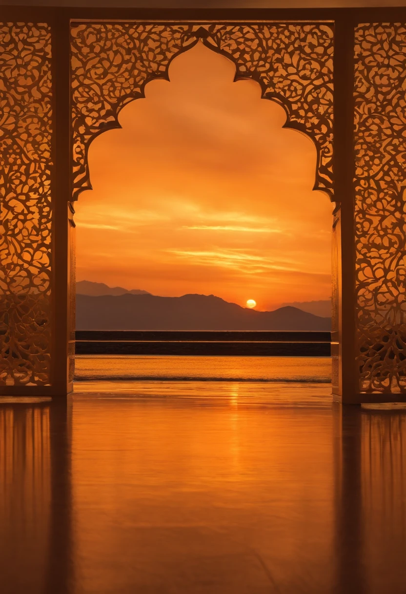 Pale orange sky Fit in the angle of view Surrounded by a gold arabesque frame