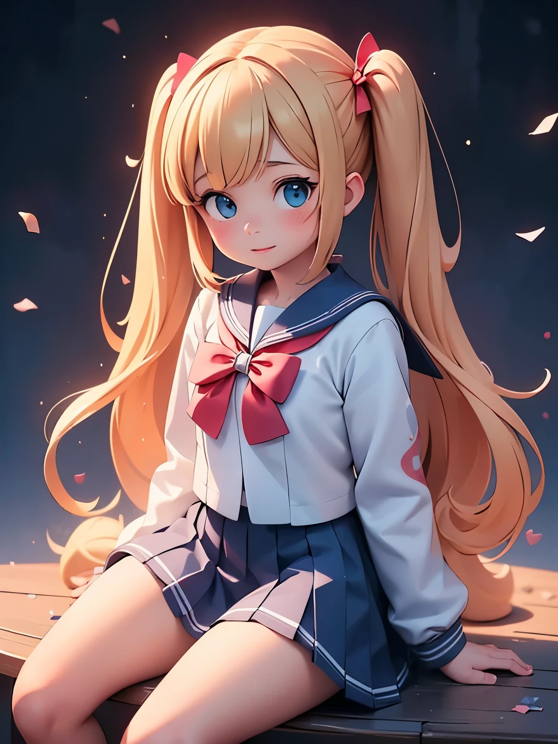 (masterpiece、highest quality、highest quality、Official Art、Beautiful and beautiful:1.2)、(One girl:1.3)Hatsune Miku、Twin tails,Big Breasts,(Pieces fly, highest quality:1.2), From above, 8k, Official Art, RAW Photos, (Sailor suit, Sitting Walizar:1.4), Hunchback、Blonde beautiful girl, blonde hair above eyes、Arched back, Pleated skirt, Thighs, Chest close-up, , Super long straight blonde silky hair、Big bright blue eyes、beautiful eyes highlights, Gardenia, Violacea, 10 generations, classroom, View your viewers, No makeup, Film Grain, chromatic aberration, Sharp focus, Face Light, Dynamic Lighting, Cinema Lighting, Detailed face, Bokeh Background, (Dark red bow tie:1.3)、A uniquely beautiful girl、Beautiful girl with small face、Round face、Bust of a Rich Man、Cheek highlight、White beautiful skin