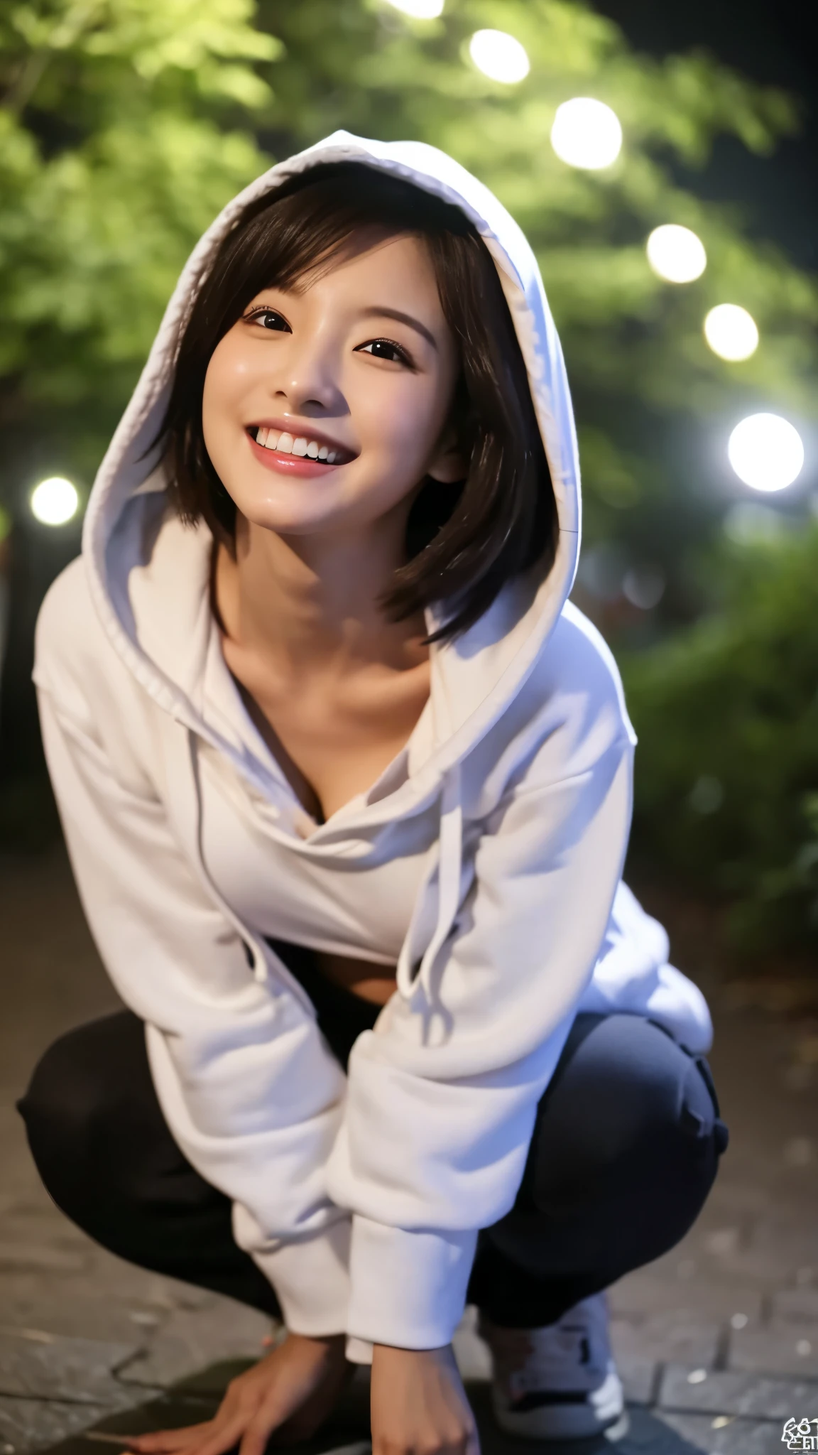 highest quality、masterpiece、24 talents、Beautiful Japanese、Sexy smile、Chest size is F、dark park at night、Emphasize the chest、White large hoodie、Wearing a hood、Shorts、Emphasize cleavage、Crouching down to look up at the viewer、