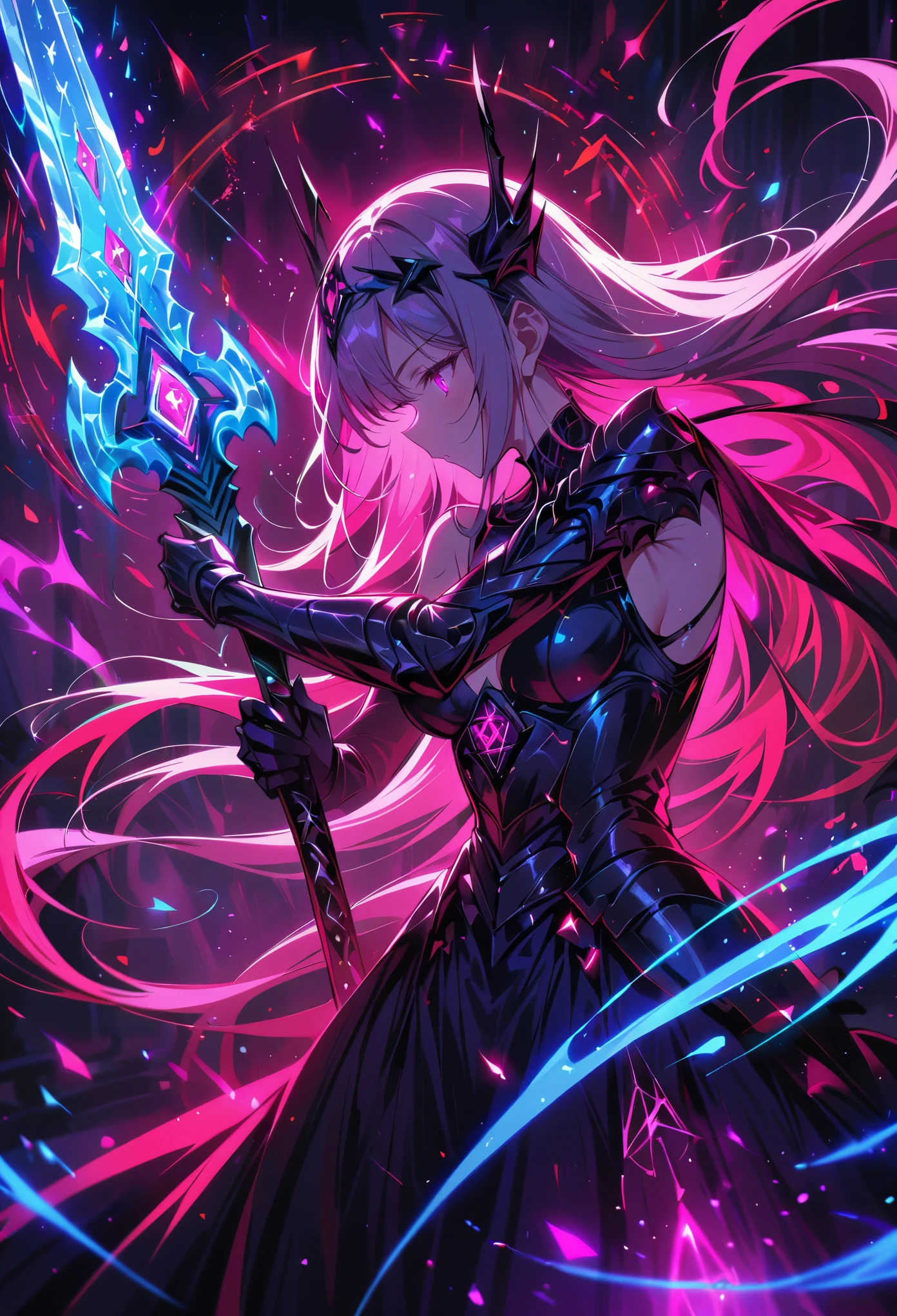 (best quality, masterpiece:1.2), ultra-detailed, a huge glowing sword, ancient glowing symbols on the blade, a girl wearing armor, Cuvry Pose,Dynamic Action,long flowing hair, silver armor, electric arc hexagram magic circle background, magical effects, detailed magic circle, detailed hexagram, intricate sword handle texture, thick breath mist, Surrealism, 4k, 8k, highres, best quality, highres, anatomically correct, textured skin,vivid color,