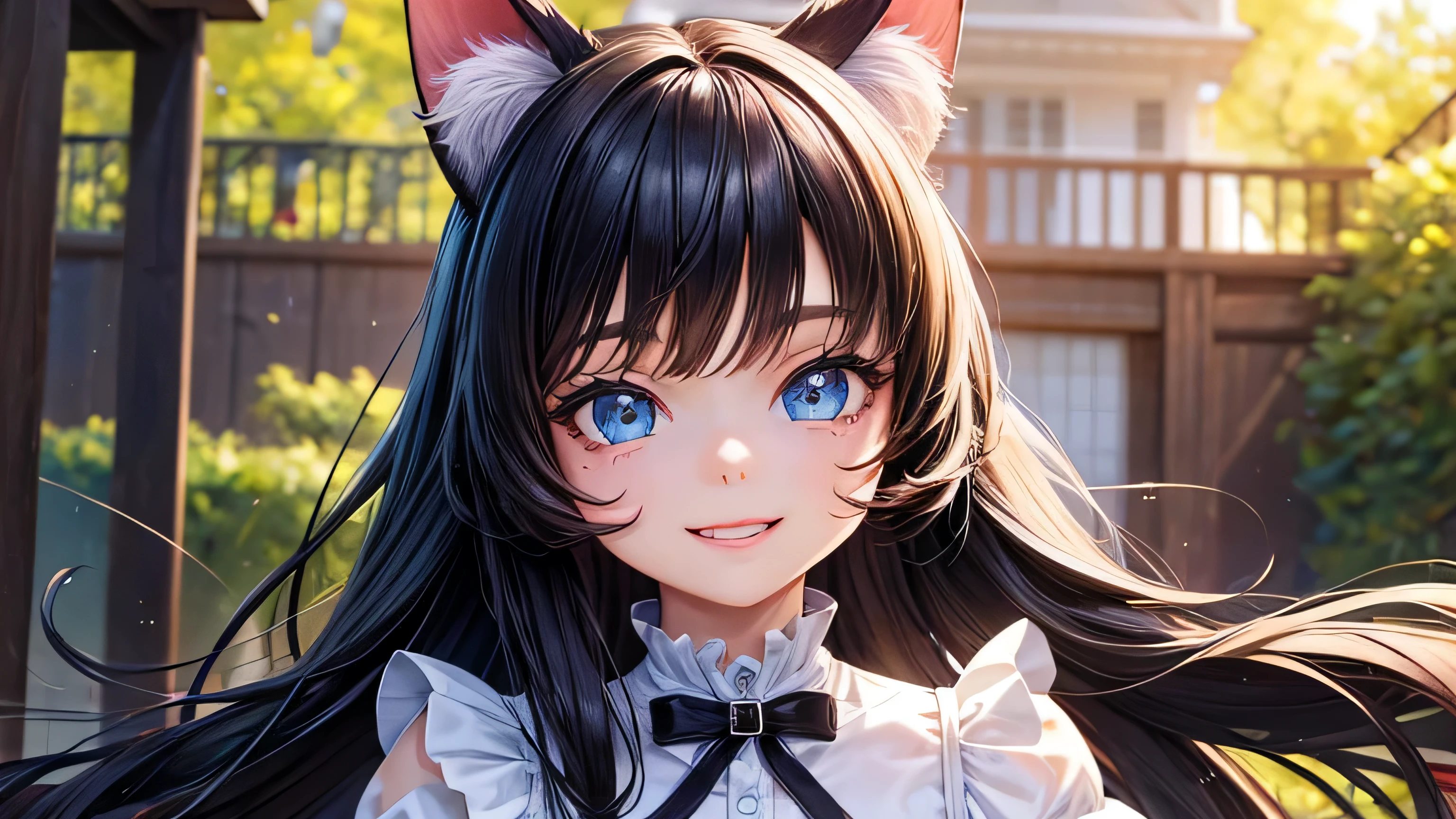 Cat ears girl child Fantasy clothing A big smile Perfect and detailed facial expression Perfect and detailed eye depiction Perfect and detailed hair Perfectly detailed upper body Perfect and detailed clothing