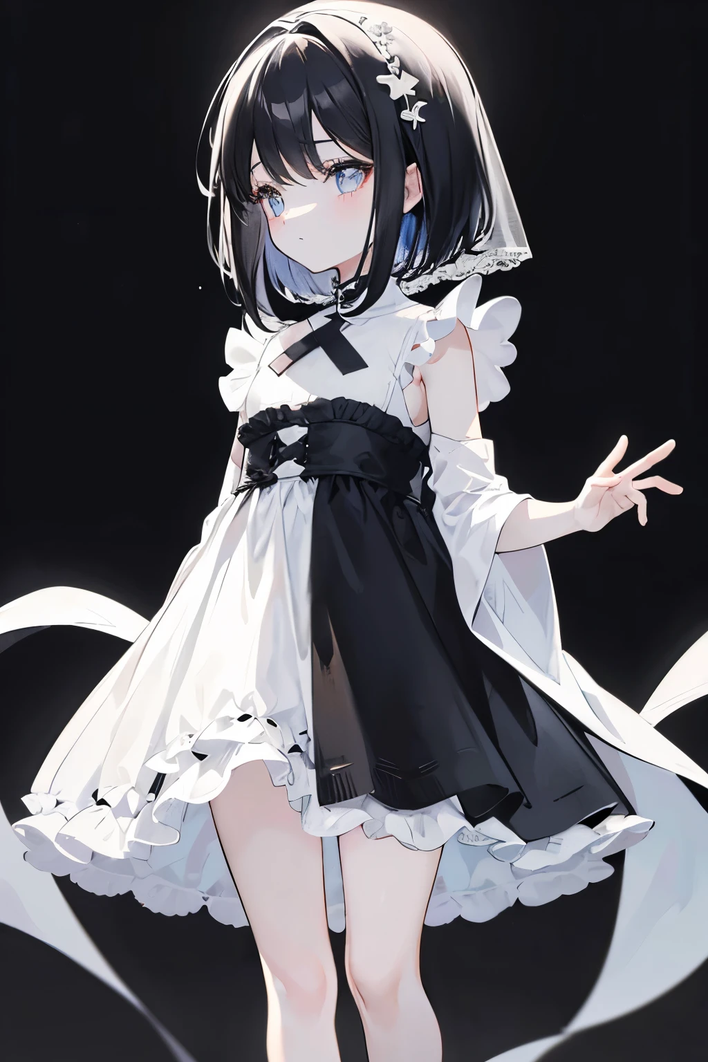 monochrome,masterpiece, illustration, best quality, best aathetic,a Girl standing ,6 ,White one-piece dres,black hair ,solo,looking away:1.4,