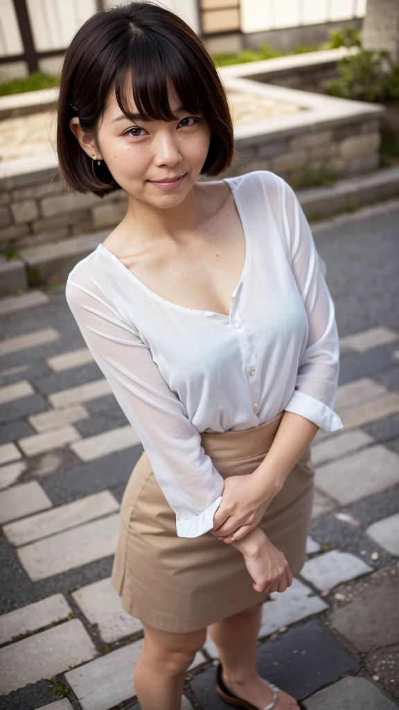 NSFW, ((highest quality)), ((8K)), ((masterpiece:1.3)), (perfect look), (photorealism:1.6), (Japanese woman standing on cobblestones: 1.6), (Japanese historical sites), (The sky reflected in the setting sun), hideko_face, japanese woman, 47 years old, married woman, Wedding ring on the left ring finger, ((Realistic skin texture)), (Fine wrinkles throughout the skin: 1.3), (Dull skin: 1.1), (Skin without moisture: 1.2) , (Wrinkles on the face: 0.9), (Wrinkles on the corners of the eyes: 1.2), Double eyelids, tear bags on the lower eyelids, (Crying moles: 0.9), The eyes are looking here, serious gaze, (Dimples: 1.2), facial wrinkles:1.2, wrinkles around the eyes:0.8, tear bags around the eyes, double eyelid, The line of sight is looking at this, short bangs, short hair, (hair falls over ears), nervous look, smiling with the corners of his mouth turned up), (small breasts:1.2), soft fabric blouse, wide sleeves, Cuffs that fit your wrist, (The hem of the blouse is tucked into the skirt: 1.2), tight skirt, The shape of the nipple that stands out, small breasts, hard and erect nipples, ((whole body)), (super low angle:1.5), focus on upper body,