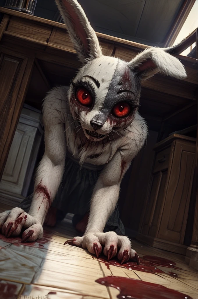 [V=" slim, female, cute, anthro bunny, (vanny from_fnaf), thin, red eyes with white sclera, scatches, creepy smile, creepy crawling, soft black makeup, small dirty fur with bood,  (on all four), has 2 hands with 4 fingers, red ribbon neck"]. V is down to the floor, is coming out from under the desk, blood on the floor, (more blood), realistic blood, highly detailed, red claws, horror style, creepy art, photorealistic, masterpiece, beautiful, trending on artstation, on the floor pov. By pixelsketcher, by pikaflufftulf,  by honovy, by hioshiru, superb depth of view quality, yiffymix art, fur's censured, specular hands