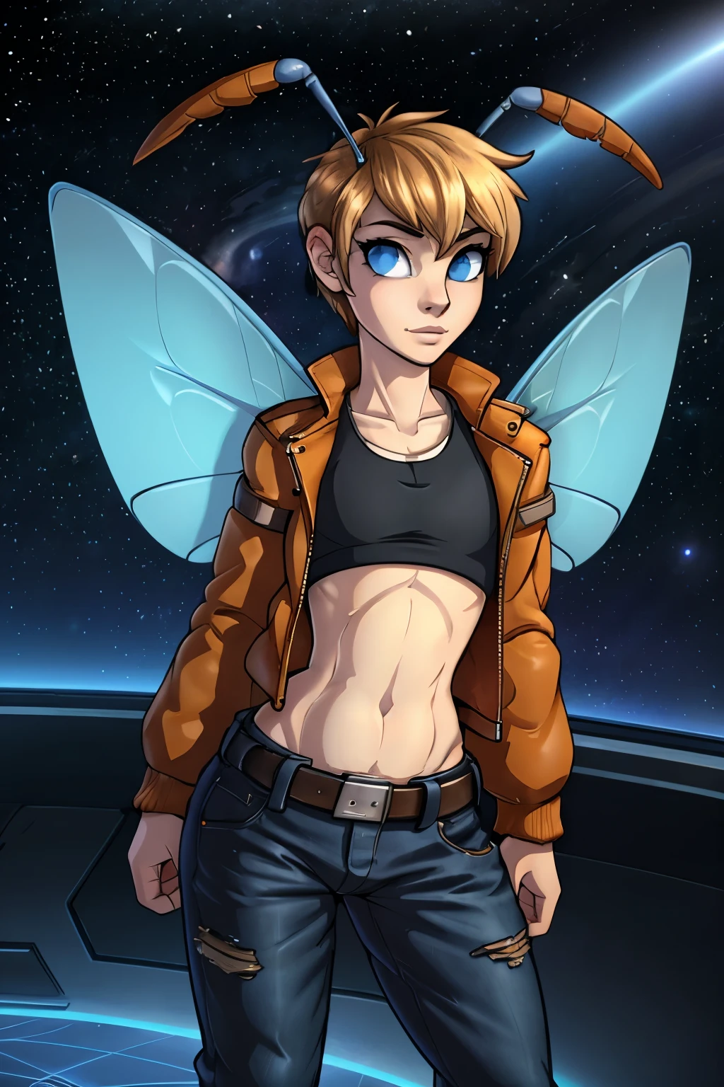 (Tomboy Fairy), Tomboy, pretty face, human nose, space station background, thin body, slim, fit, feathered insect antennas, dark blonde hair, tomboy pixie cut, blue eyes, flat chested, adjatha, utility belt, cropped jacket, black tanktop, jean pants, SFW, blue insect wings
