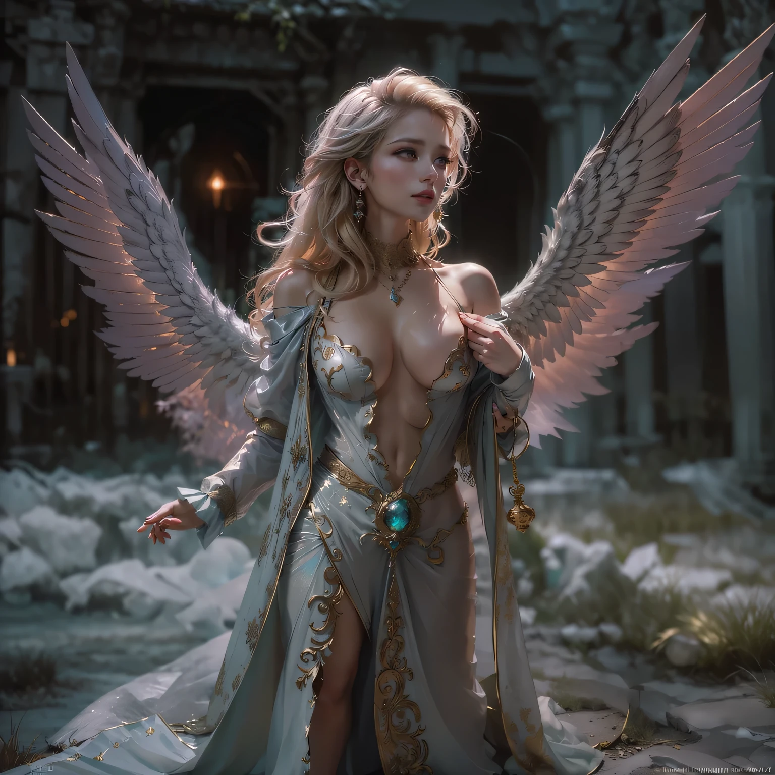 masterpiece, highly detailed, hyperrealistic fullbody shot of beautiful Katherine Winnick as a beautiful valkyrie angel, large angel wings, winged helmet, winged headgear, (see-through robe:1.4) , (transparent, nuisette:1.2) , white wings , big large wings