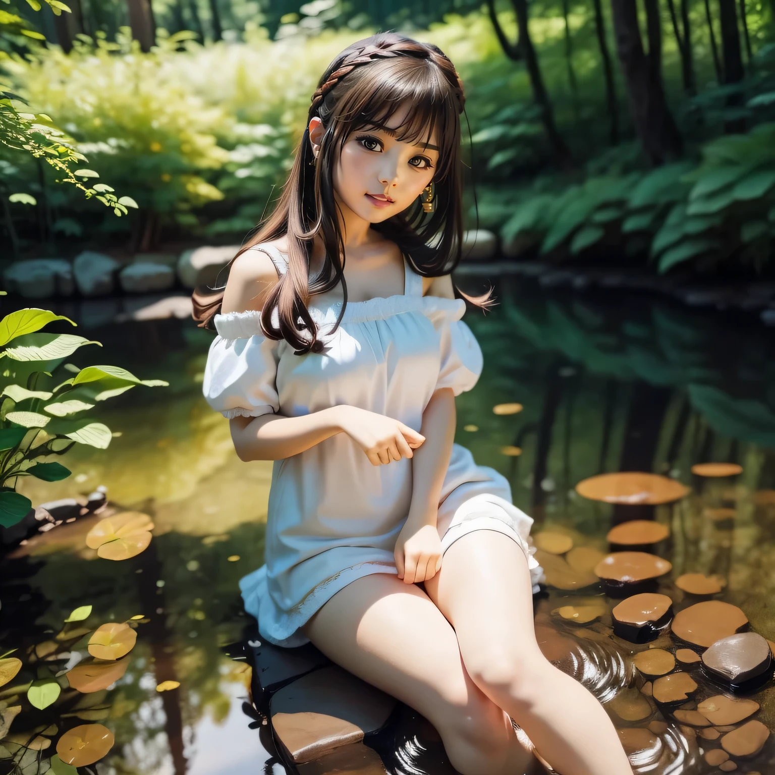 Cute Baby Little Anime,super masterpiece, highest quality, Very detailed, Girl 1、(((Little)))、Black-haired、Magic 、Magic wand、Laughing with your mouth open、Looking at the camera、Full Body Shot、Forests and lakes in the Magic land of fairy tales