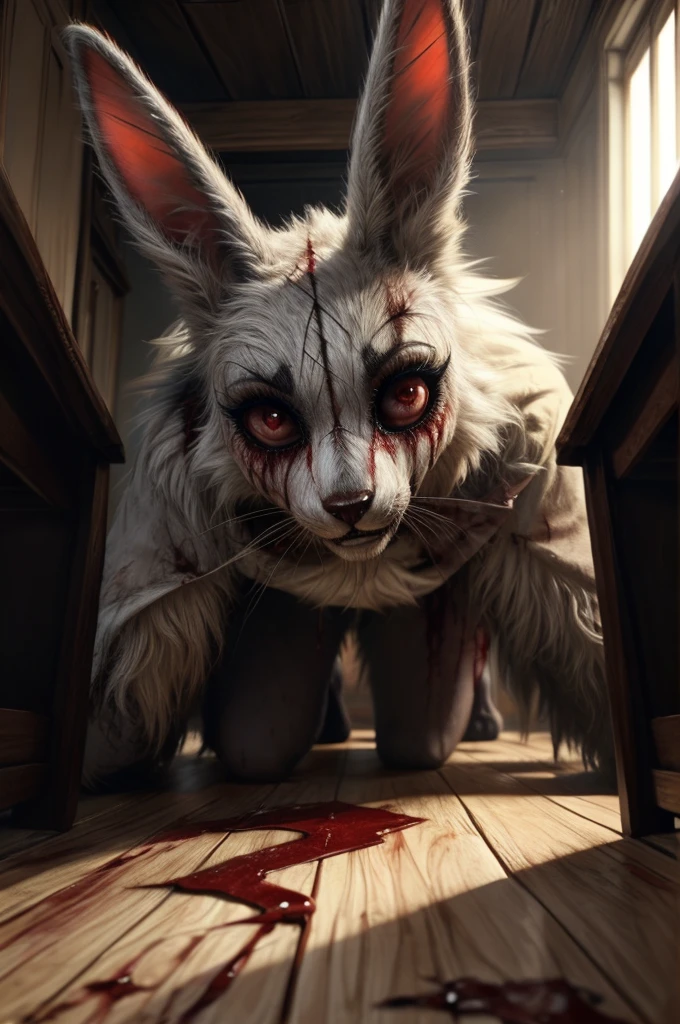 [V=" slim, female, cute, anthro bunny, (vanny from_fnaf), thin, red eyes with white sclera, scatches, creepy smile, creepy crawling, soft black makeup, small dirty fur with bood,  (on all four), has 2 hands with 4 fingers, red ribbon neck"]. V is down to the floor, is coming out from under the desk, blood on the floor, (more blood), realistic blood, highly detailed, red claws, horror style, creepy art, photorealistic, masterpiece, beautiful, trending on artstation, on the floor pov. By pixelsketcher, by pikaflufftulf,  by honovy, by hioshiru, superb depth of view quality, yiffymix art, fur's censured, specular hands